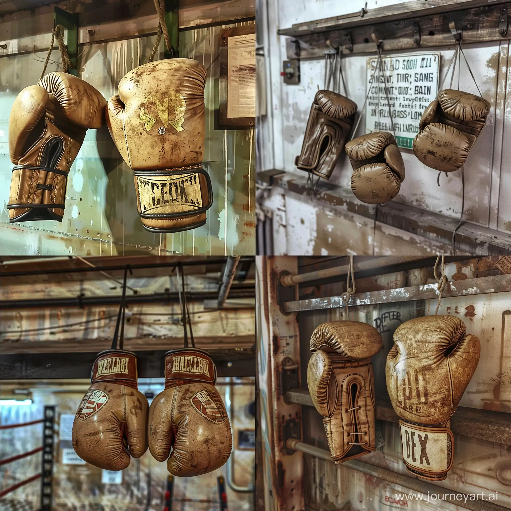 pair of old letter boxing gloves hanging on the wall of an old boxing gym, no brands or marks. photorealistic, high quality