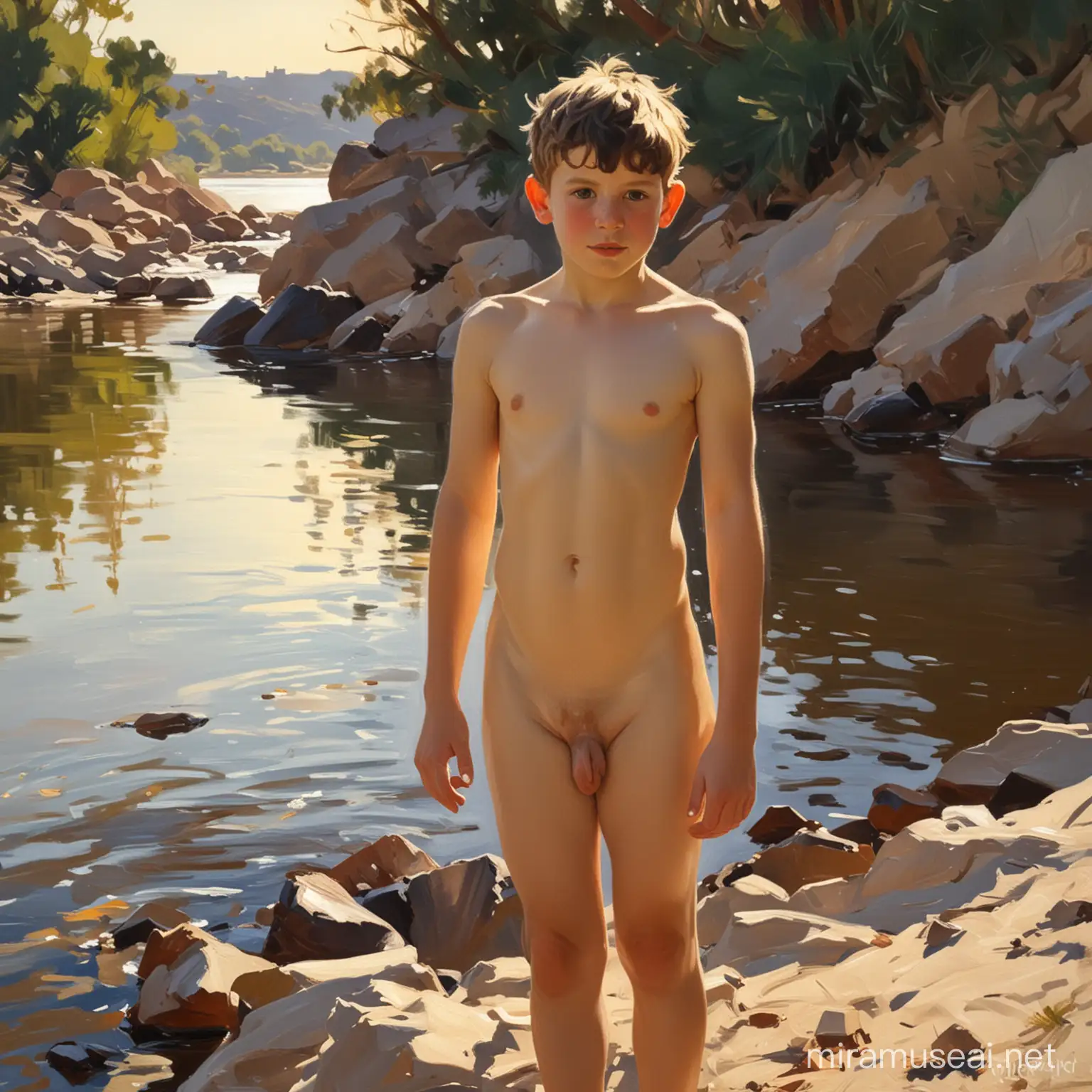 Joaqun Sorolla Style Painting Naked Boy by the River in Counterlighting