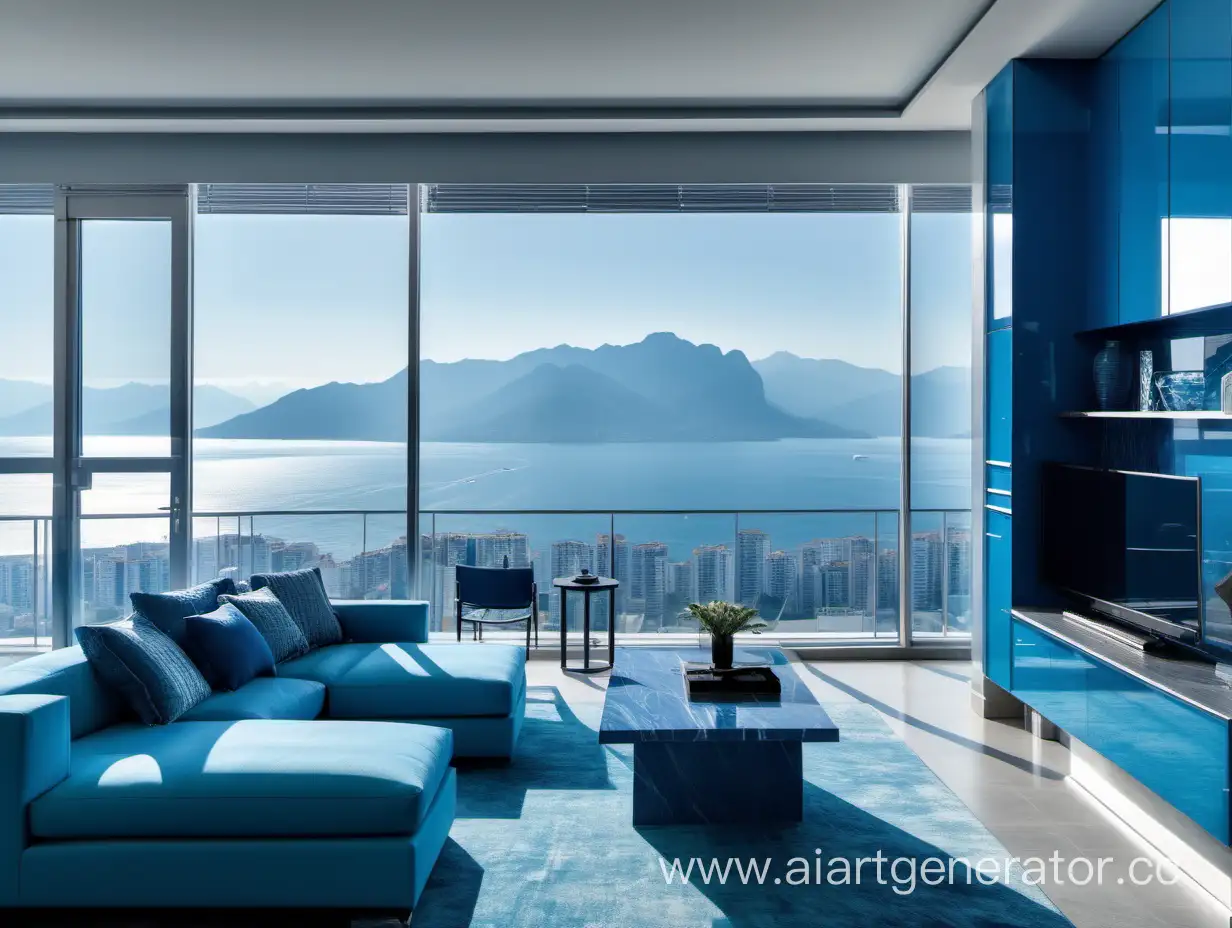 квартира в современном стиле с видом на море , город и горы в голубых тонах

