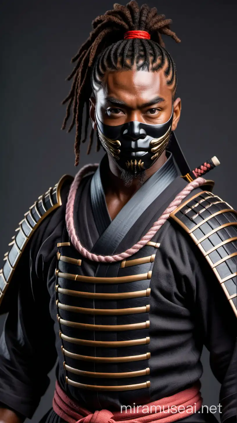 The Black man Samurai Warrior, with a ninja face mask. With hair showing, neat short dreads