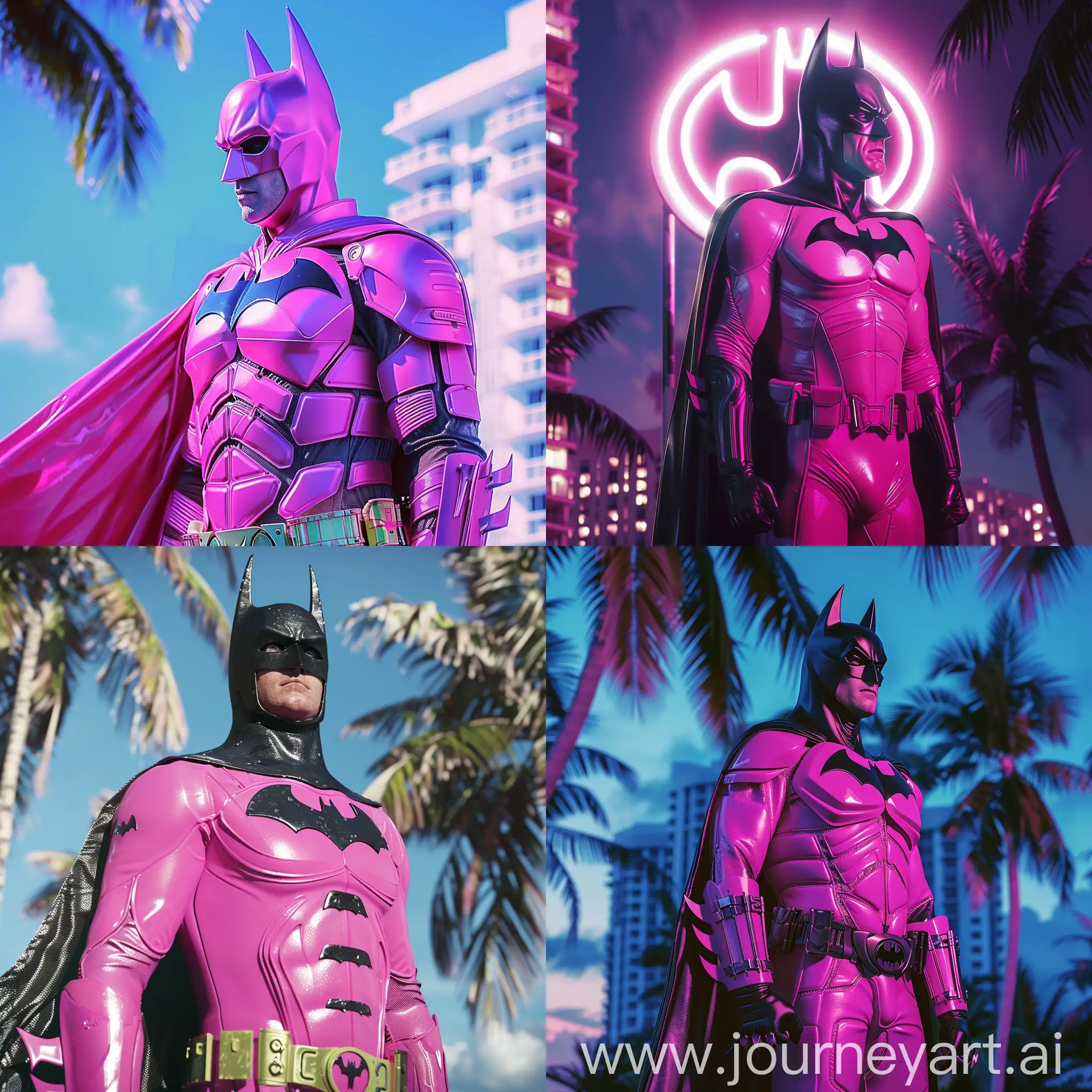 Realisticthe batman in pink 80s Miami Style, UHD--style raw  stylize 750 --v 6