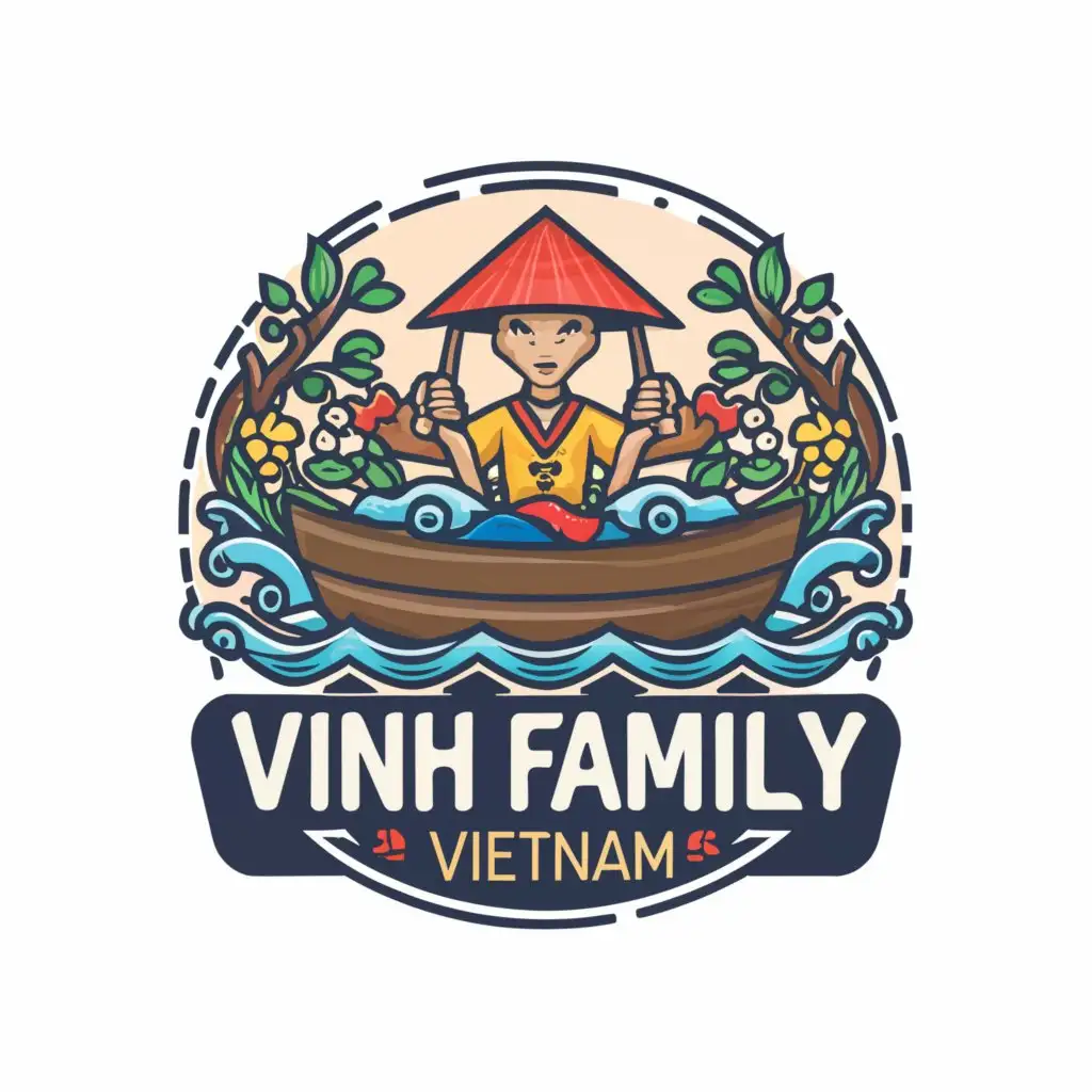 a logo design,with the text "Vinh Family vietnam", main symbol:asian guy with Chinese hat on a boat,complex,be used in Travel industry,clear background
