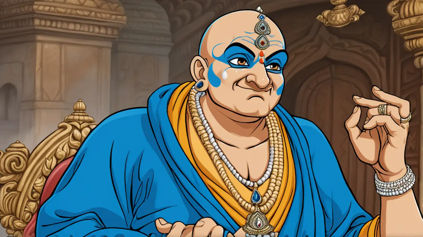 tenali raman a minister of Indian king dressed in a blue robe and wearing some jwellary and a bald head