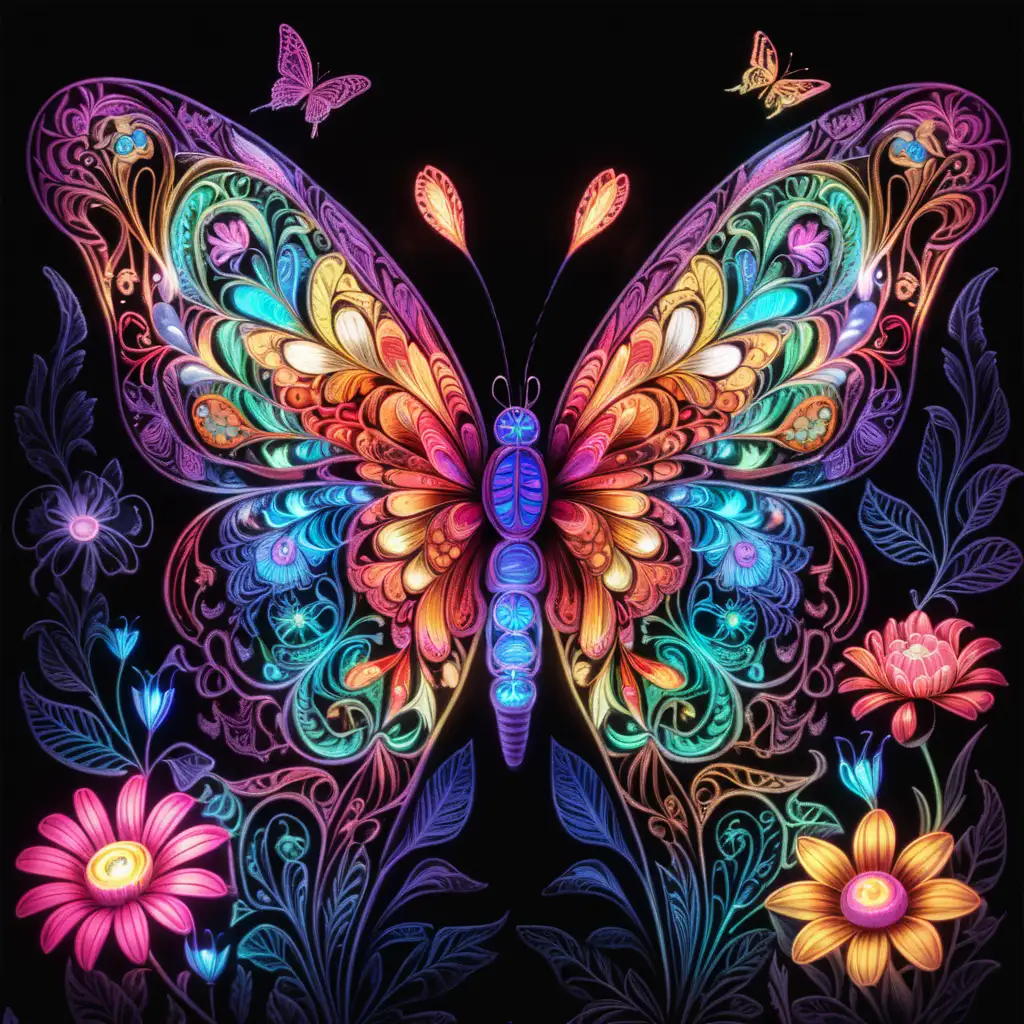 Glowing Butterfly and Flowers Intricate Colored Page in the Dark
