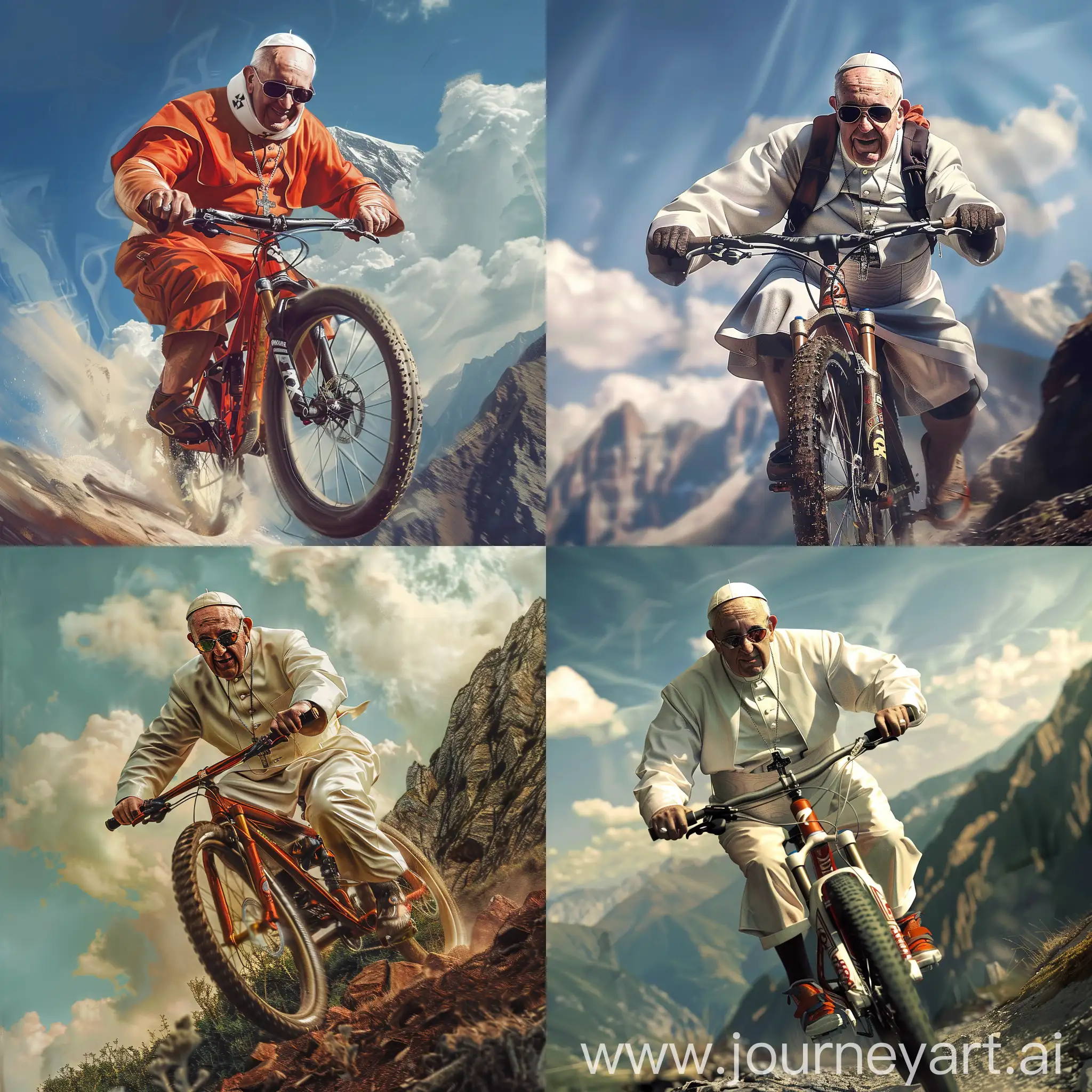 Photorealistic 8k image of pope francis riding a mountain bike on a mountain , wearing sunglasses. Perfect face
