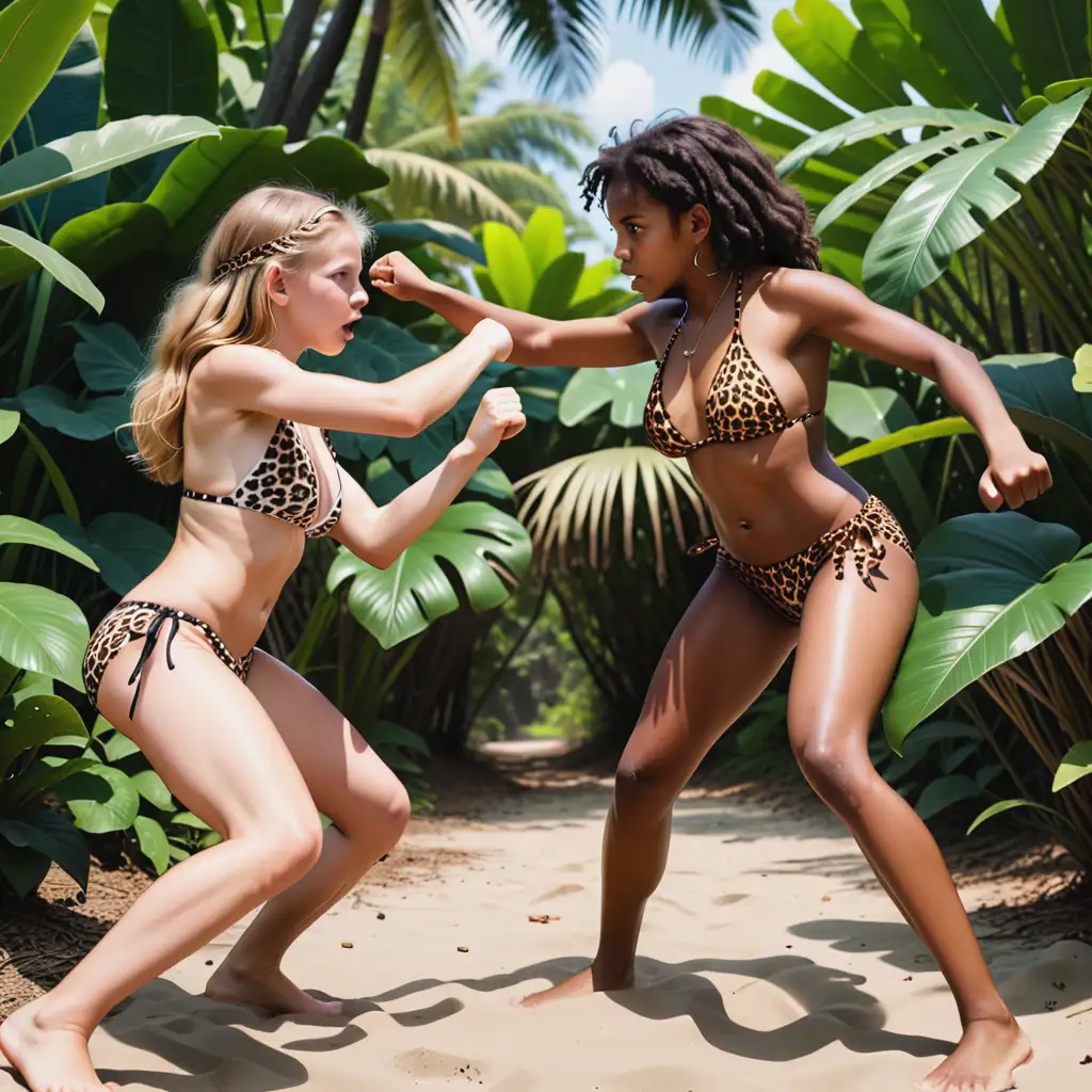 white teen jungle girl fighting with a black teen jungle girl both wearing leopard skin bikinis