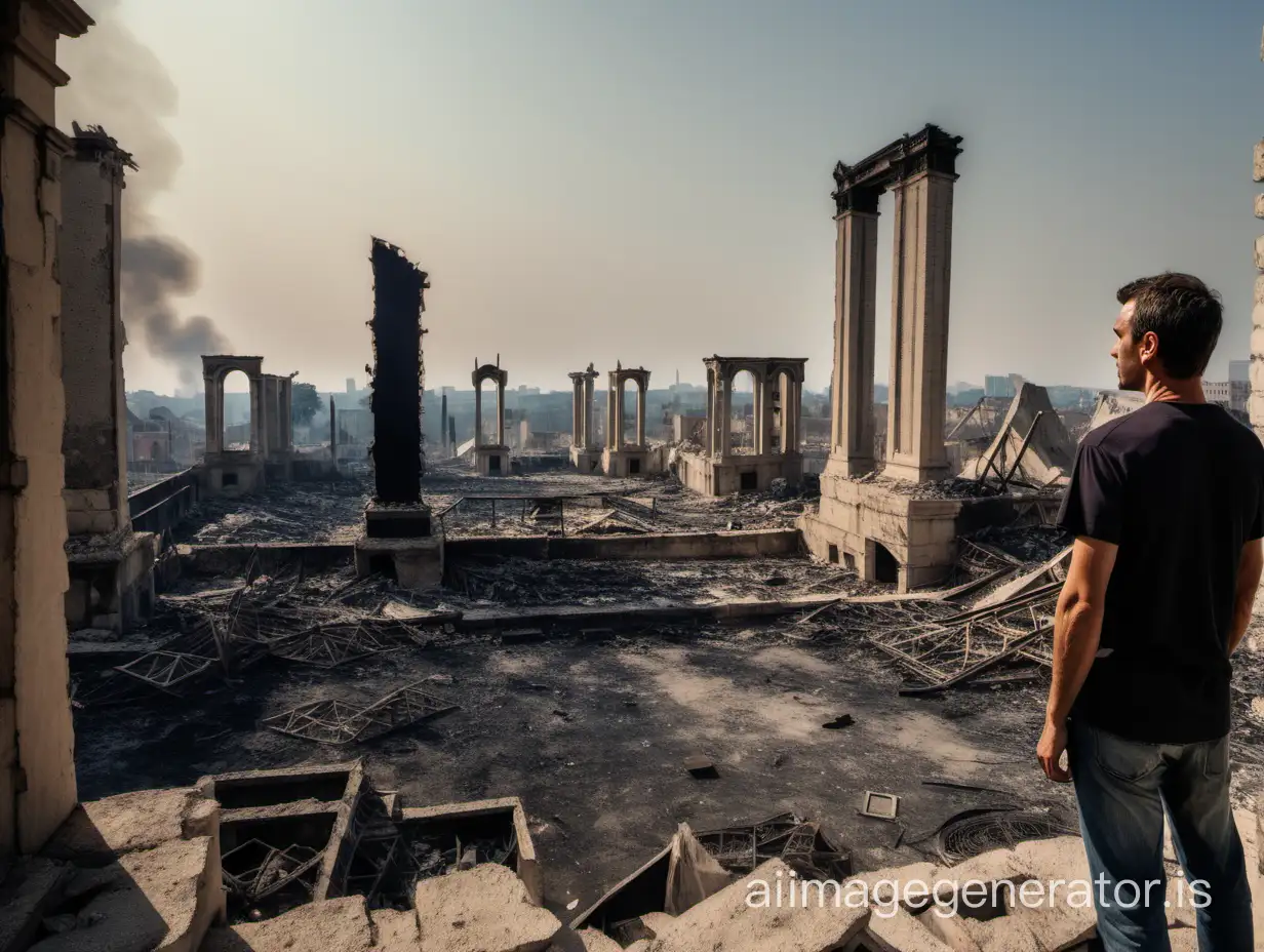 Man overlooking the ruins of an ancient city mistaken as modern buildings destroyed by fire.