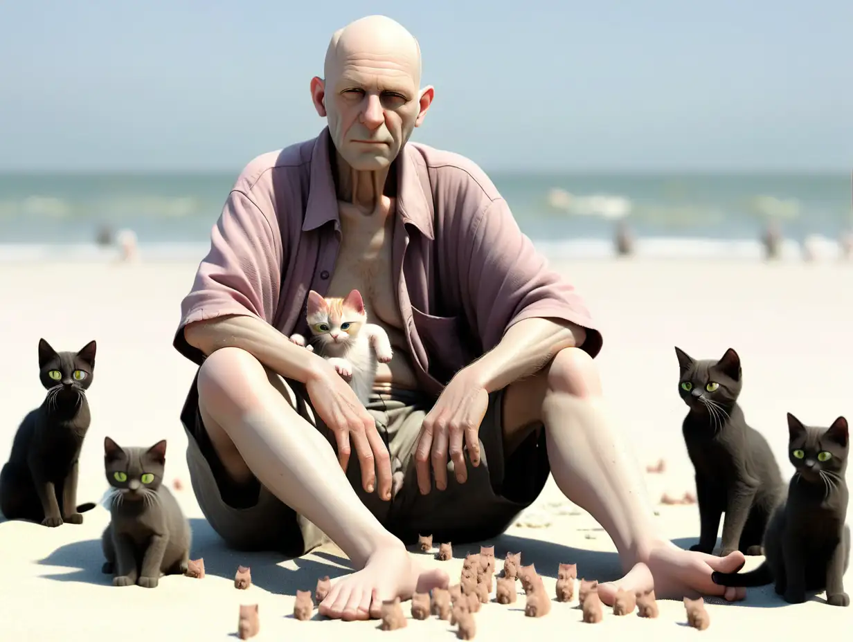 old bald headed man sitting on a beach surrounded by kittens