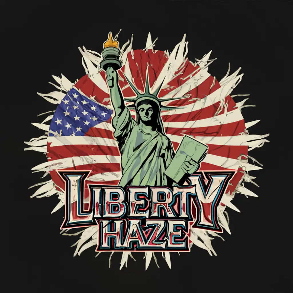 a logo design,with the text "Liberty HAZE", main symbol:USA flag ,Liberty Statue   , weed Blatt , Comic Style ,Moderate,clear background