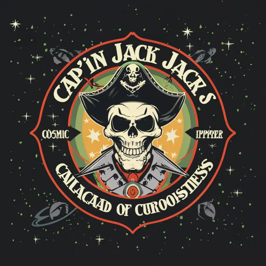 a logo design,with the text "Cap'n Jack T. Ripper's Cosmic Cavalcade of Curiosities", main symbol:creature feature, youtube show, space pirate, humor, skulls, sci-fi, horror,complex,be used in Entertainment industry,clear background