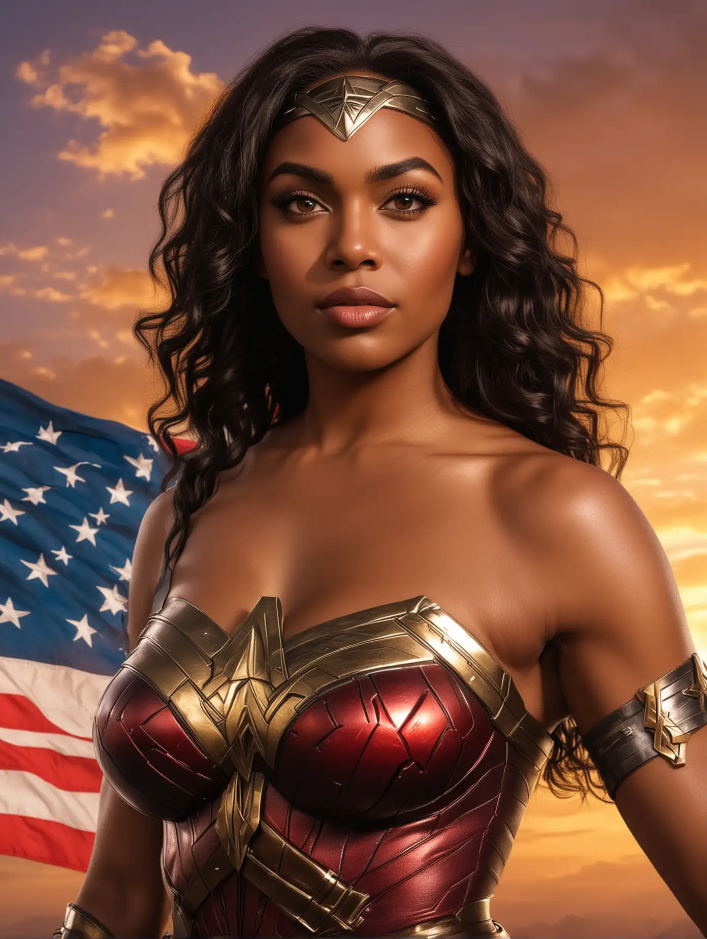 portrait of a black kenyan wonderwoman, closeup front, heroic pose, realistic photo of Sanaa as Wonder Woman, (busty:0.8), big boobs, wearing a wonder woman outfit, arms folded, amazing sunset sky background with american flag, (masterpiece:1.0), (best quality:1.0), flash photography, realistic, dramatic lighting, analog-photo,