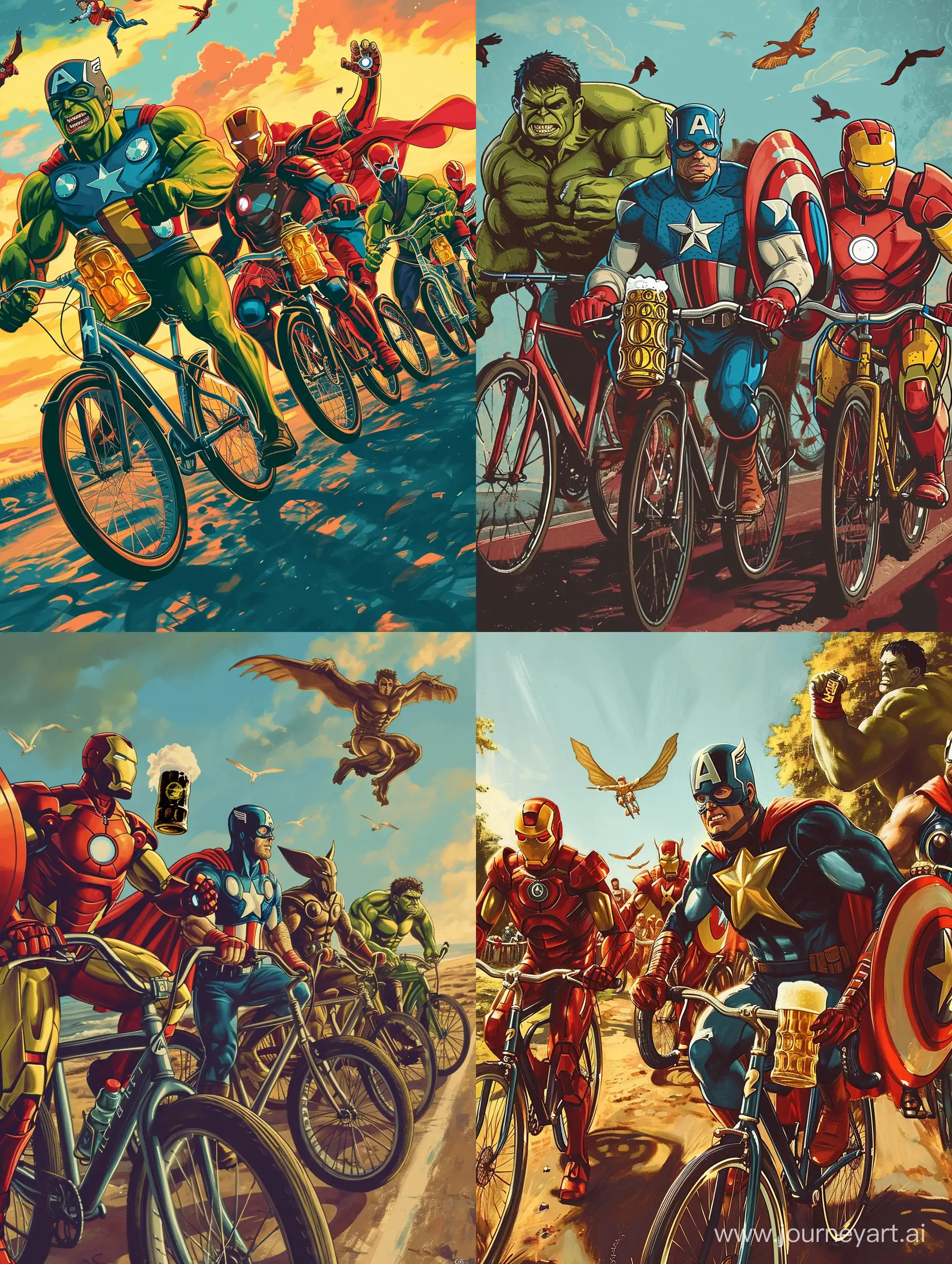 Dynamic-Superheroes-Avengers-Riding-Bicycles-with-Beer