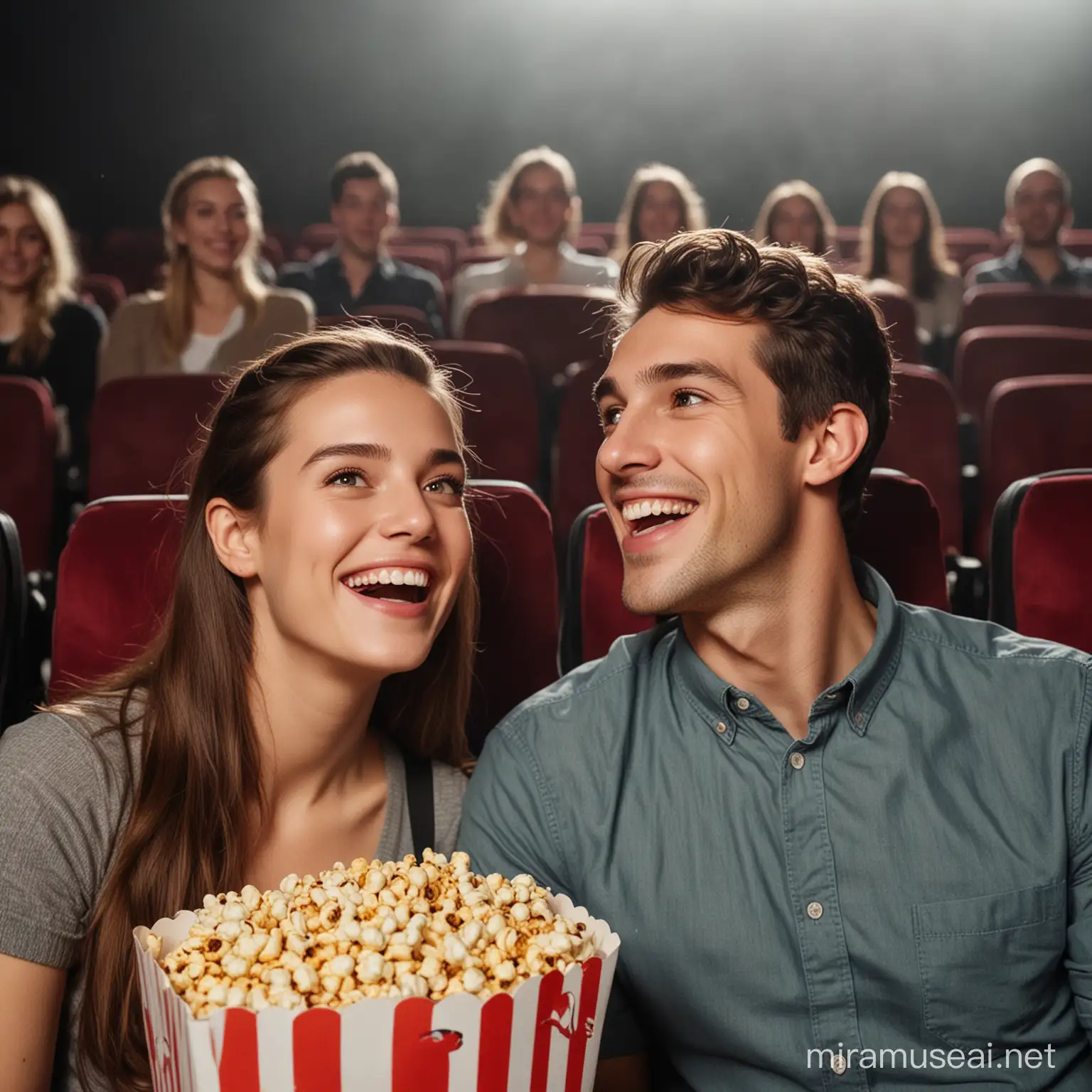 Joyful Couple Enjoying Movie Night with Popcorn