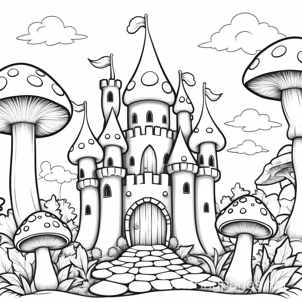 Mushroom castles, Coloring Page, black and white, line art, white background, Simplicity, Ample White Space. The background of the coloring page is plain white to make it easy for young children to color within the lines. The outlines of all the subjects are easy to distinguish, making it simple for kids to color without too much difficulty