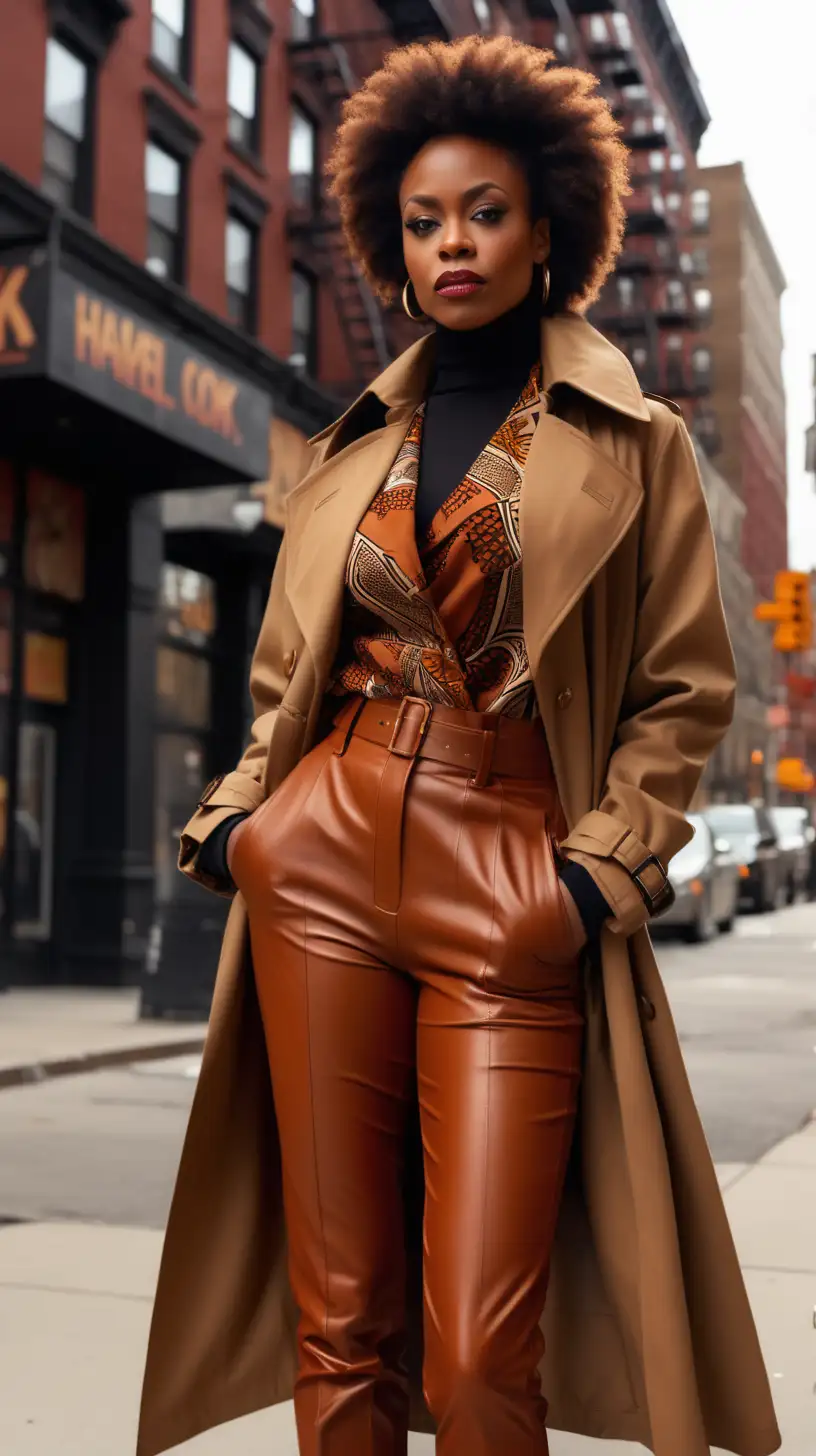   sexy, strong, black, woman, wearing camel tan, leather pants, wearing  Rust, African Print fabric, trench coat, standing downtown in Harlem NY, ultra 4k, high definition, view is close up, light source from the front, facing subject