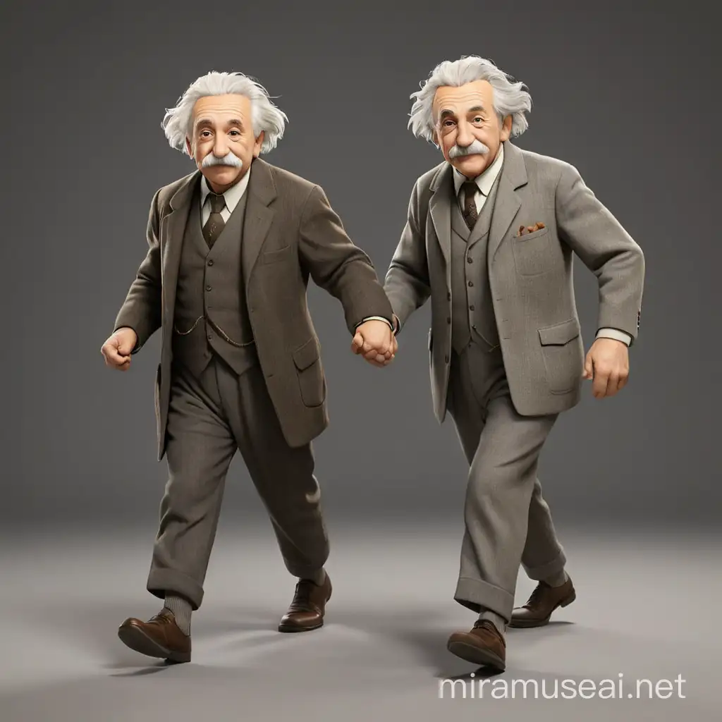 Albert Einstein runs hand in hand with Sigmund Freud. They can be seen in full growth, with arms and legs. In the style of realism, 3D animation.