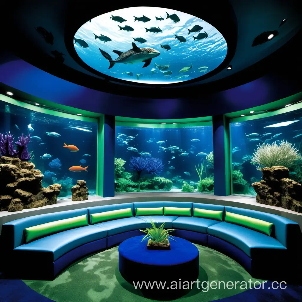 Создайте изображение области Аквариума в "Временном Оазисе на Миллере". Используйте глубокие оттенки синего и зеленого для подчеркивания подводного ландшафта. Покажите гостиные мебели с мягкими подушками, чтобы посетители могли комфортно наблюдать за миром вокруг. Включите крупные окна, погруженные в воду, чтобы создать ощущение плавания в океане Миллера.