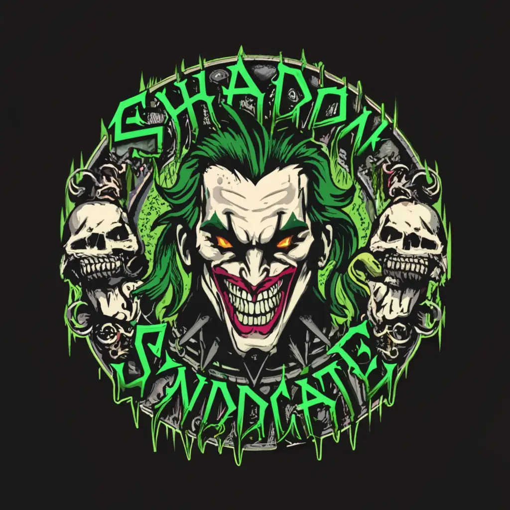 a logo design,with the text "Shadow Syndicate", main symbol:Persona Joker with toxic elements,complex,clear background