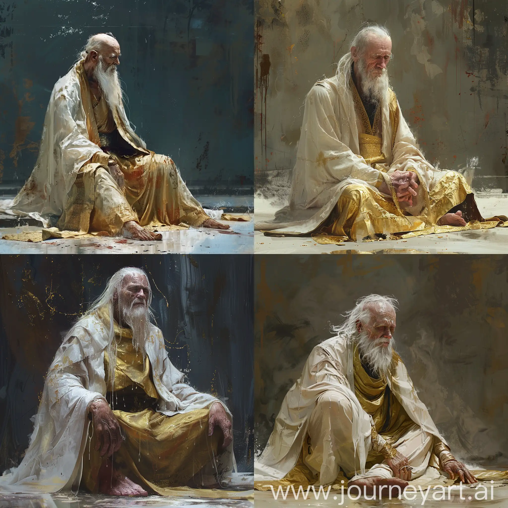 Монах в мокрых одеяниях, старый мужчина в бело-золотом балахоне, сидит на земле, белые волосы, длинная тонкая борода, стиль фентези