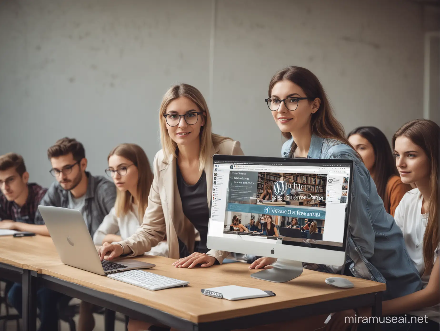 A female professor in an attractive educational environment with a big computer who is teaching website design with WordPress CMS and the WordPress logo is also in the photo and some students who are learning and looking at the professor.