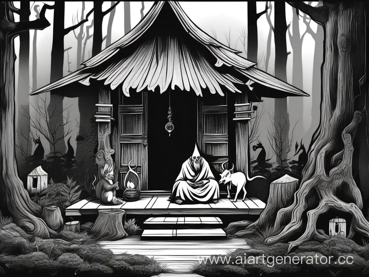 монах отшельник сидит на крыльце маленького деревянного дома а на против него сидит черный дьявол с рогами копытами и хвостом на пне который находится в темном лесу