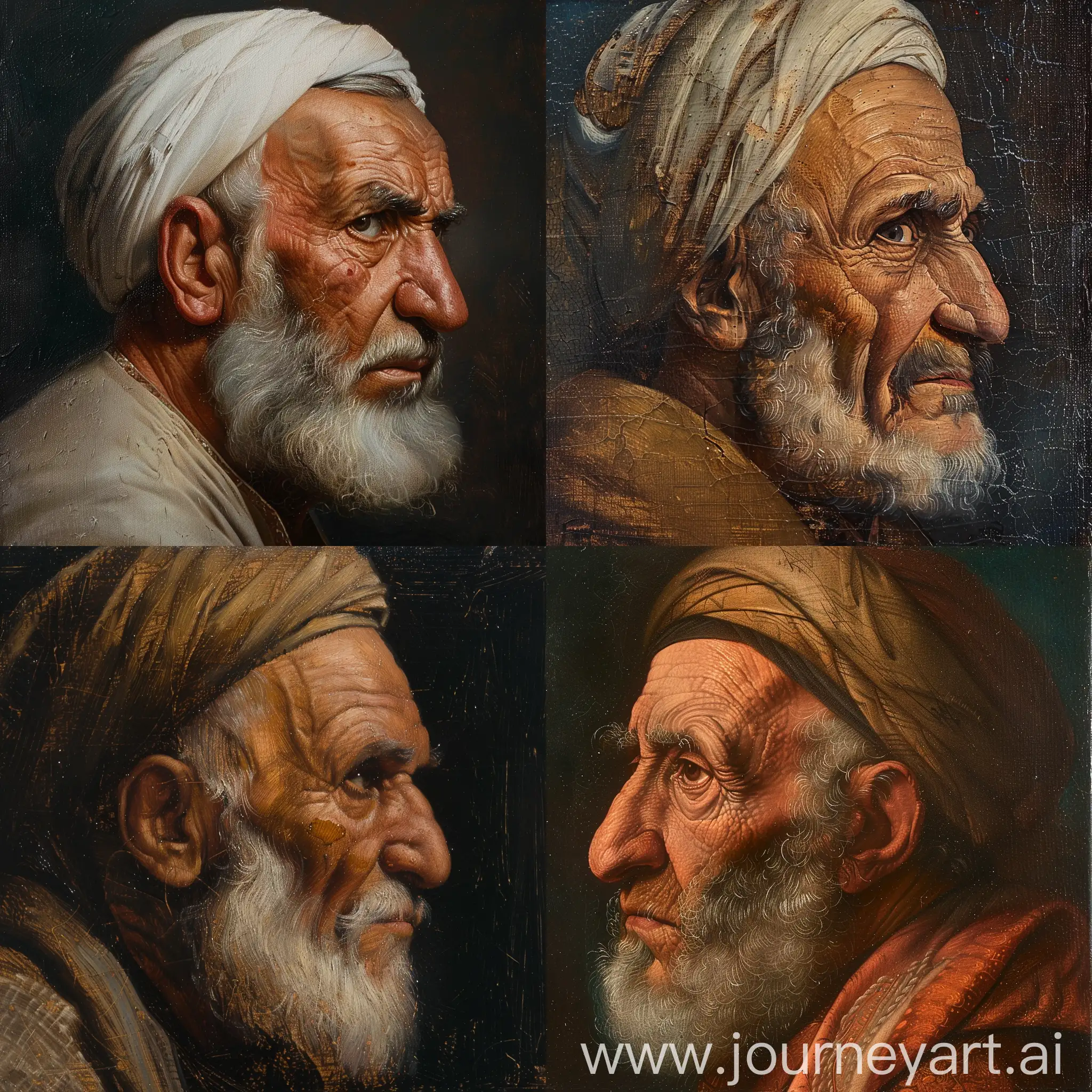 An old anatolian Turkic man. He looks very strong and has proud glare in his eyes. Ottoman period. Side profile painting, but he looks to the camera. Islamic Renaissance style, Leonardo Davinci style, very detailed, oil painting.