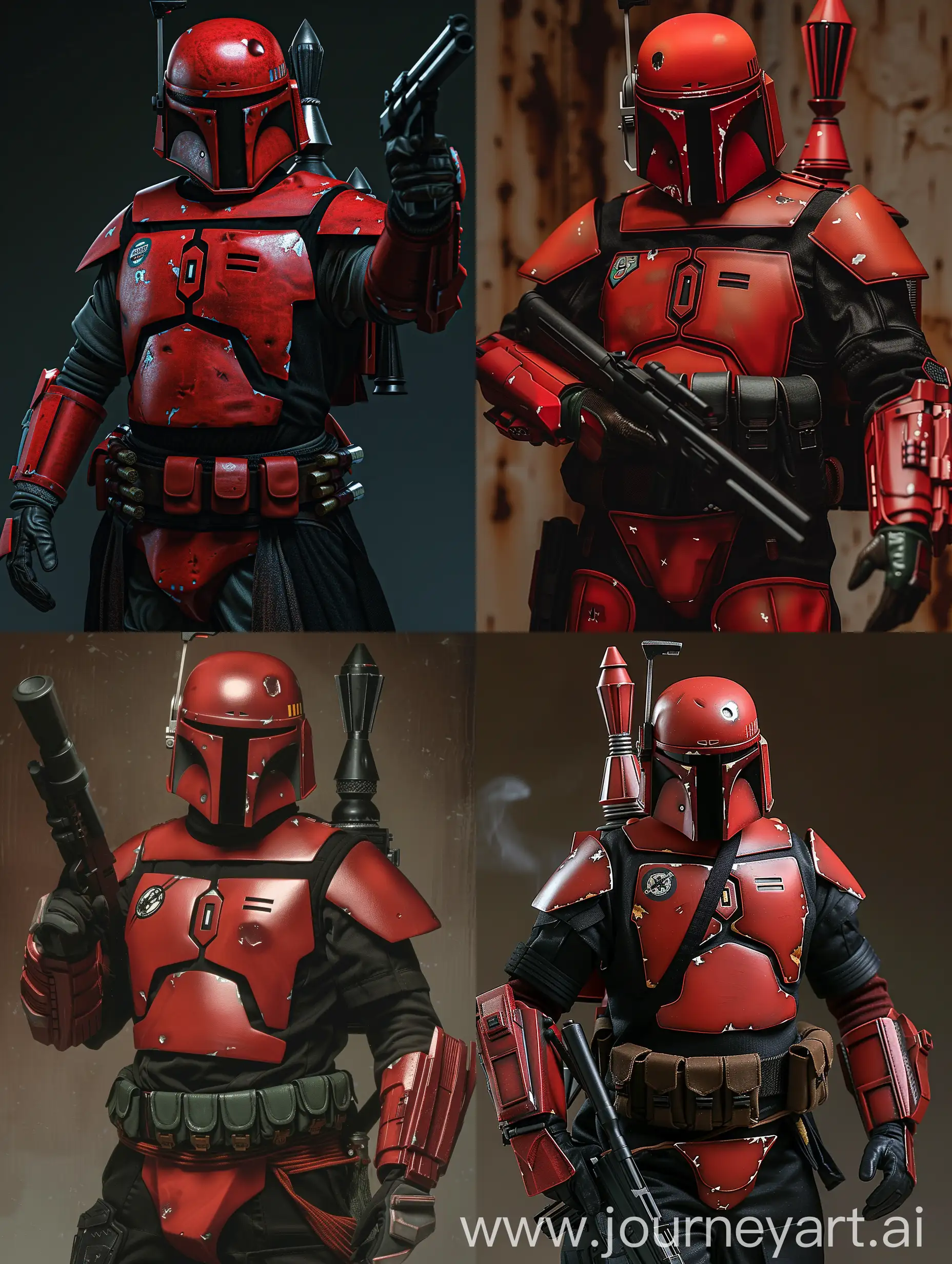 A crimson armor version of Jango Fett with a black undergarment. ammo pouches on belt. black gun. red armor. hyperrealistic star wars photograph. full body shown. -- ar 9:16