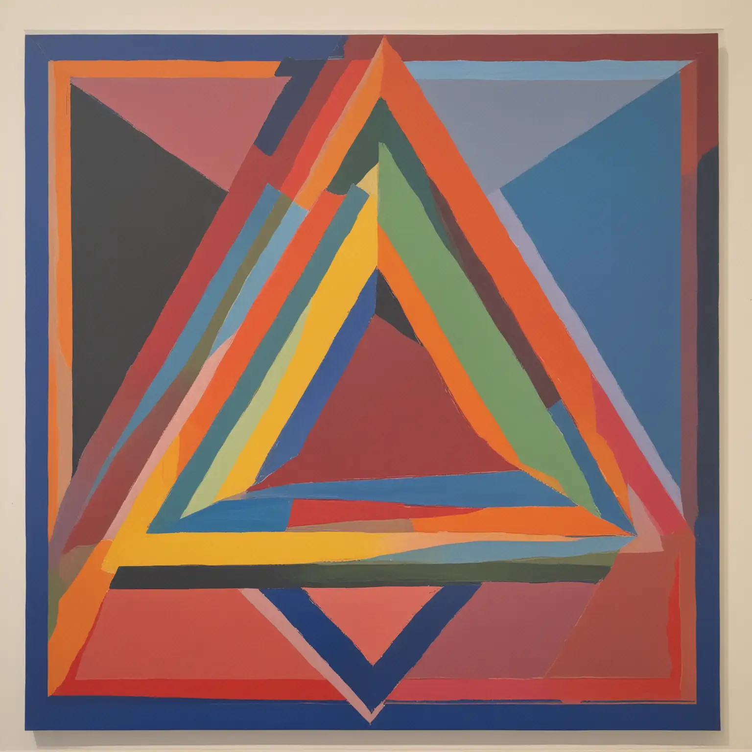 In the style of Frank Stella create an abstract image of triangle and circle using primary colors