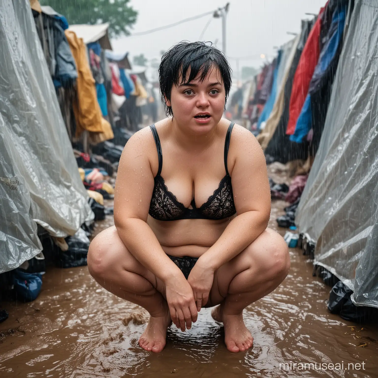 A chubby Down Syndrome woman with short black hair, wearing wet, lacy panties, squatting with legs apart, in a crowded refugee camp, in the rain.