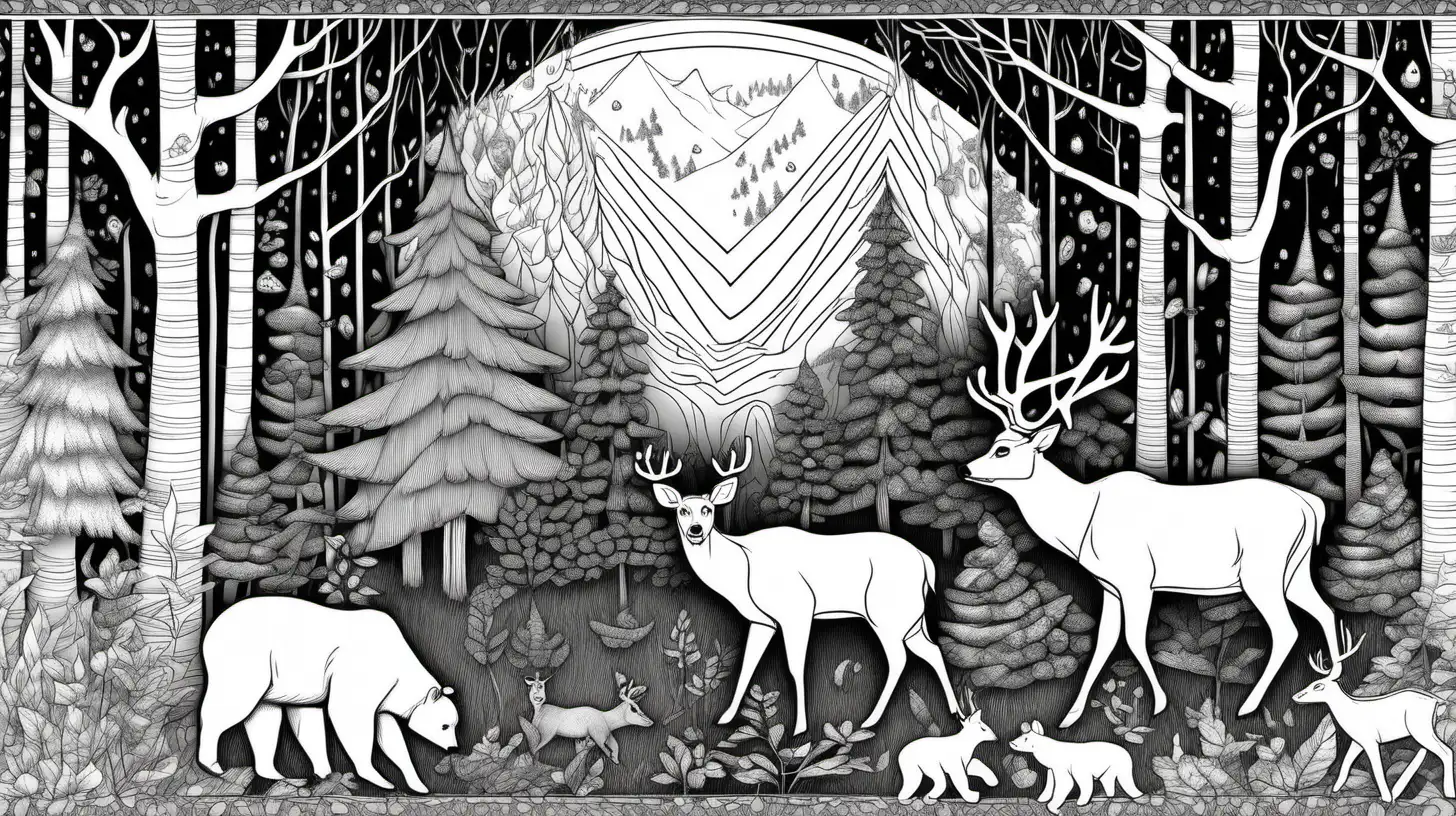 Monochrome Forest Wildlife Scene with Interconnected Lines