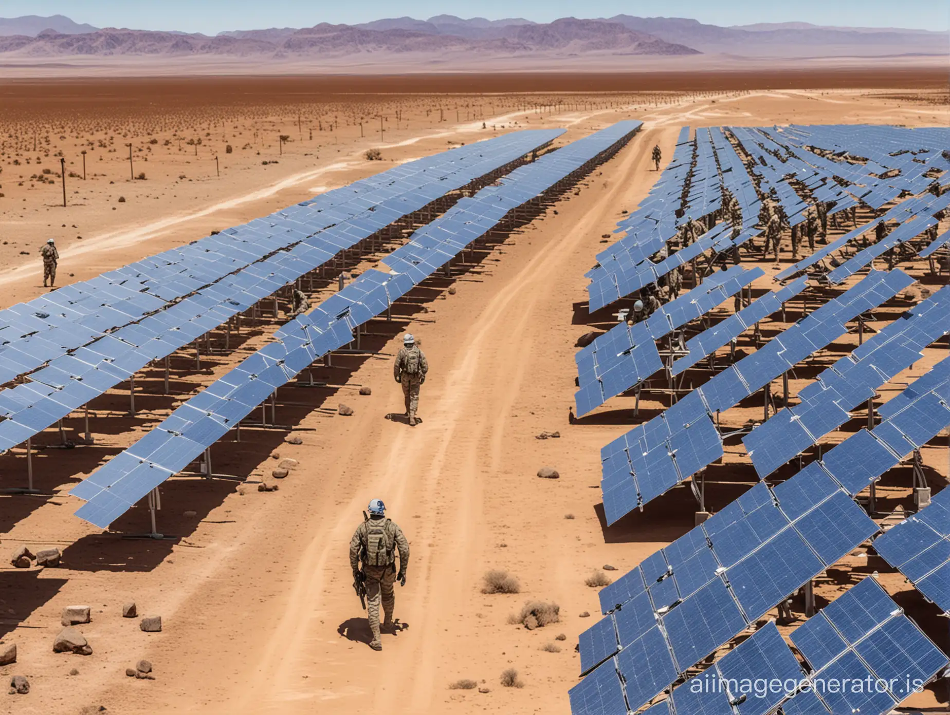 A vast solar energy farm stretches across a desert landscape, with rows of gleaming solar panels. In the foreground, soldiers stand guard, armed with rifles. Coloring: Blues and whites for the solar panels, contrasting colors for the logos, muted browns and greys for the desert and background.