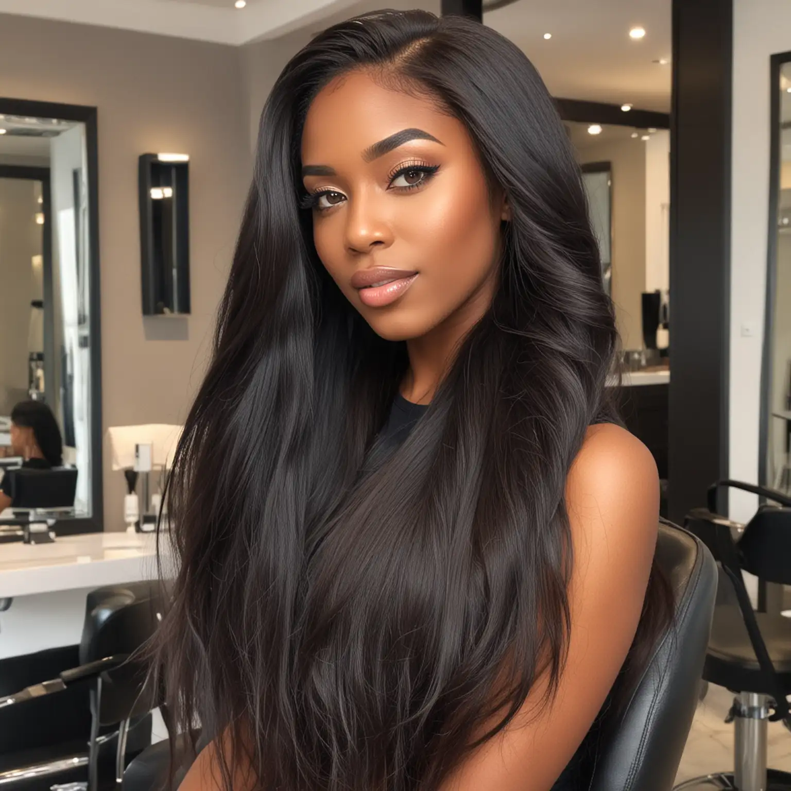 sexy black women with gorgeous long hair at luxury hair salon
