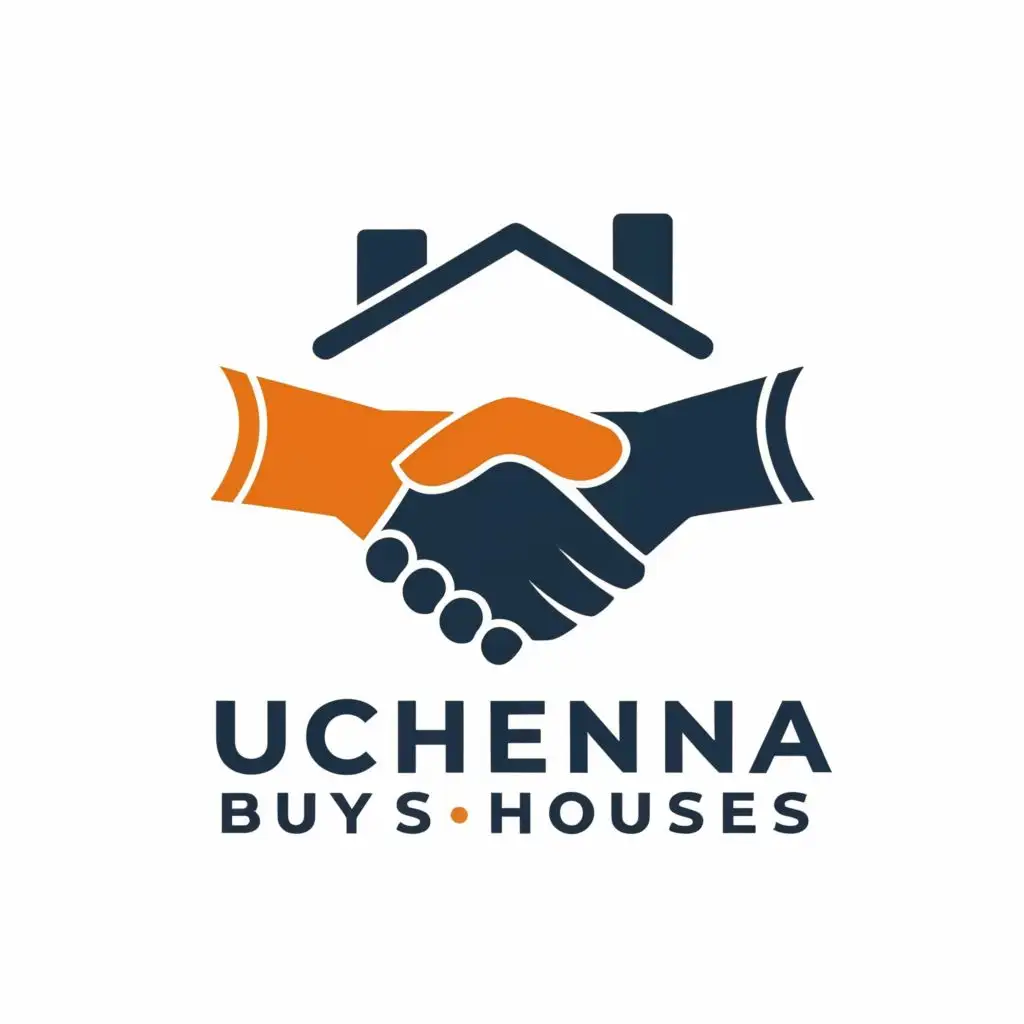 logo, shaking hands, house, with the text "uchenna buys houses", typography, be used in Real Estate industry