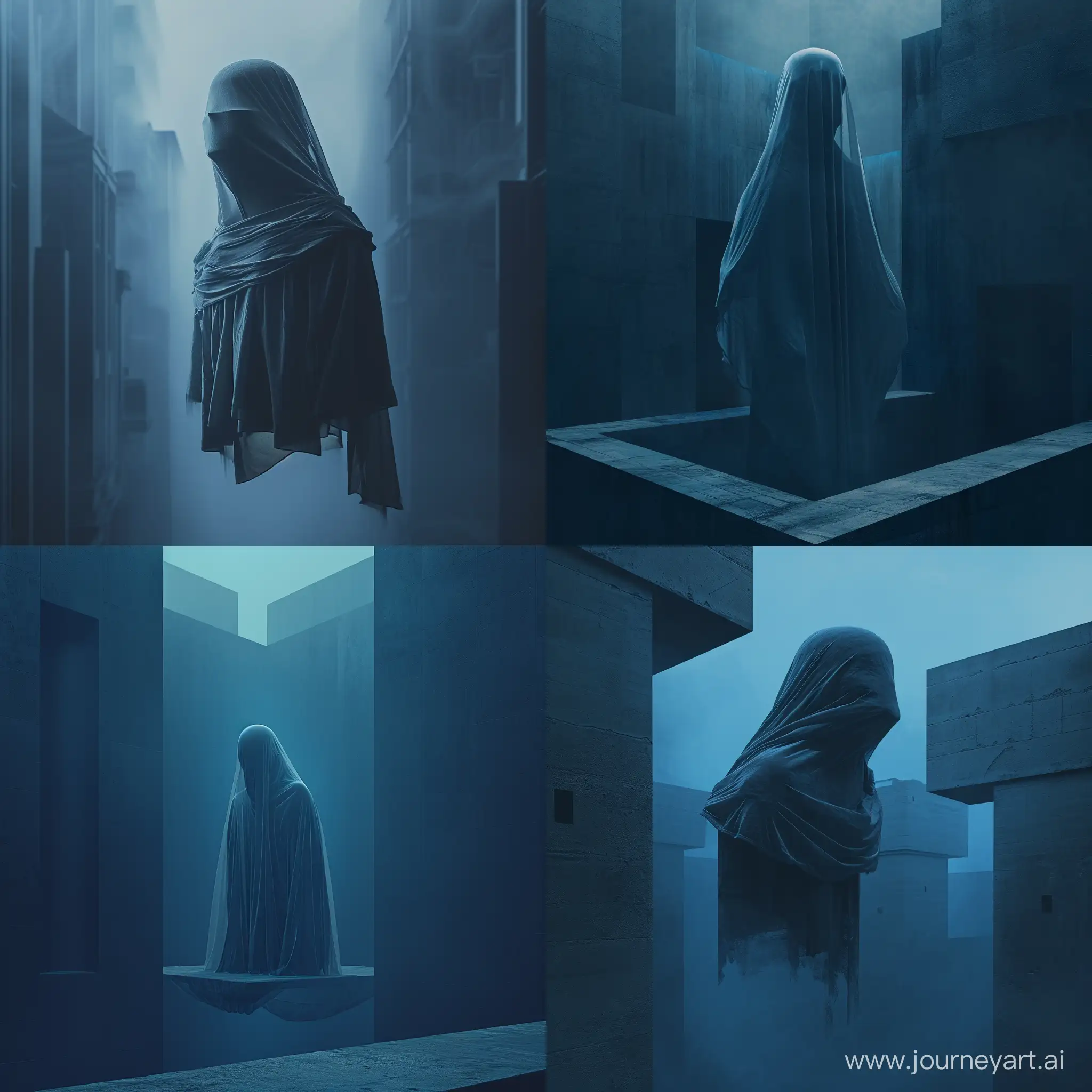 a levitating person with a veil covering, minimal architecture, dark blue color, dystopian