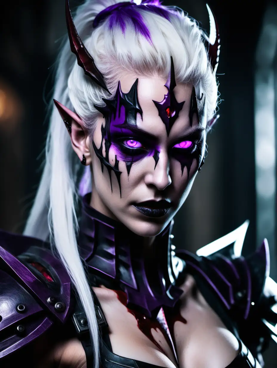 Portrait of the beautiful face and upper body of a drukhari female, drops of blood on face, pointy ears.
Wears elegant heavy black and purple armor. 
Glowing purple eyes.
White hair in a ponytail.
Intense look on face.
Bloodred corridor in background of image.