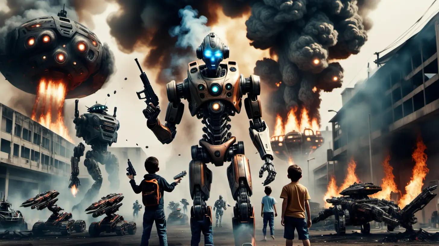realistic robots with human like appearence holding a gun on a boy head while evrything in the background is burning ,smoke rushing out from smoke and through smoke some spaceships of aliens can be seen,focus mainly on boy and robot enlarging them
