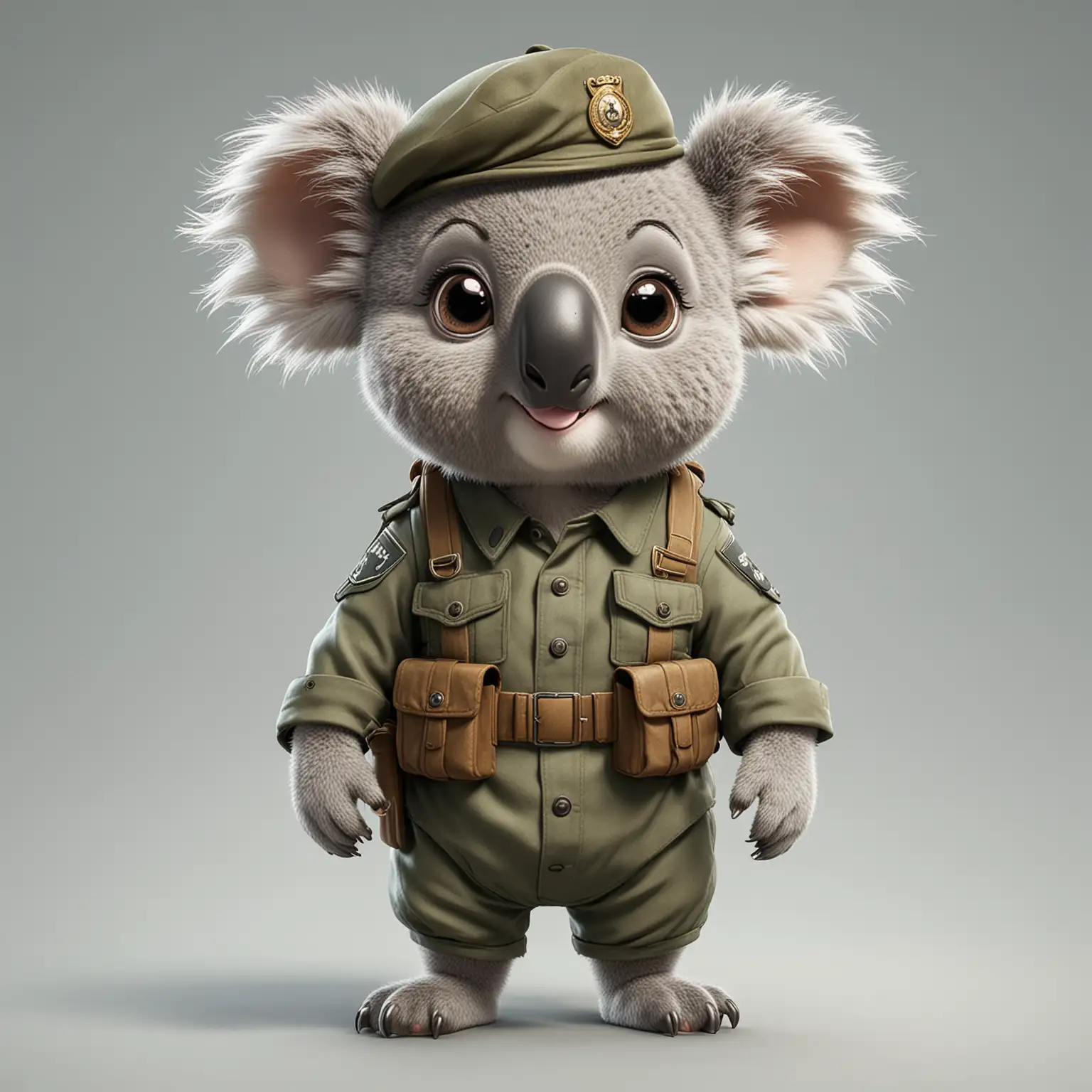 a happy koala, cartoon style, full body, big eyes, soldier clothes, clear background