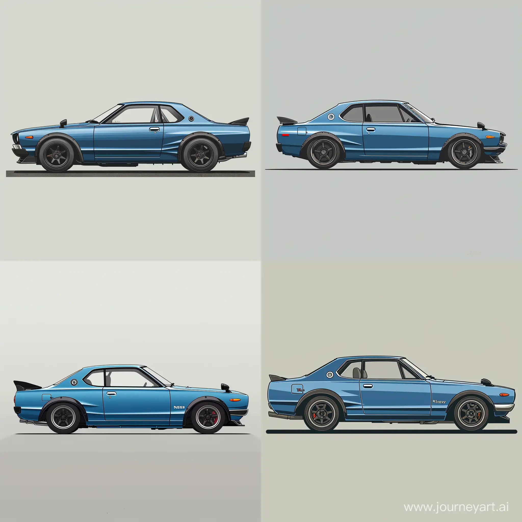 Minimalist 2D Side View Illustration of: Blue Nissan Skyline R29, Simple Gray Background, Affinity Designer Software, High Precision