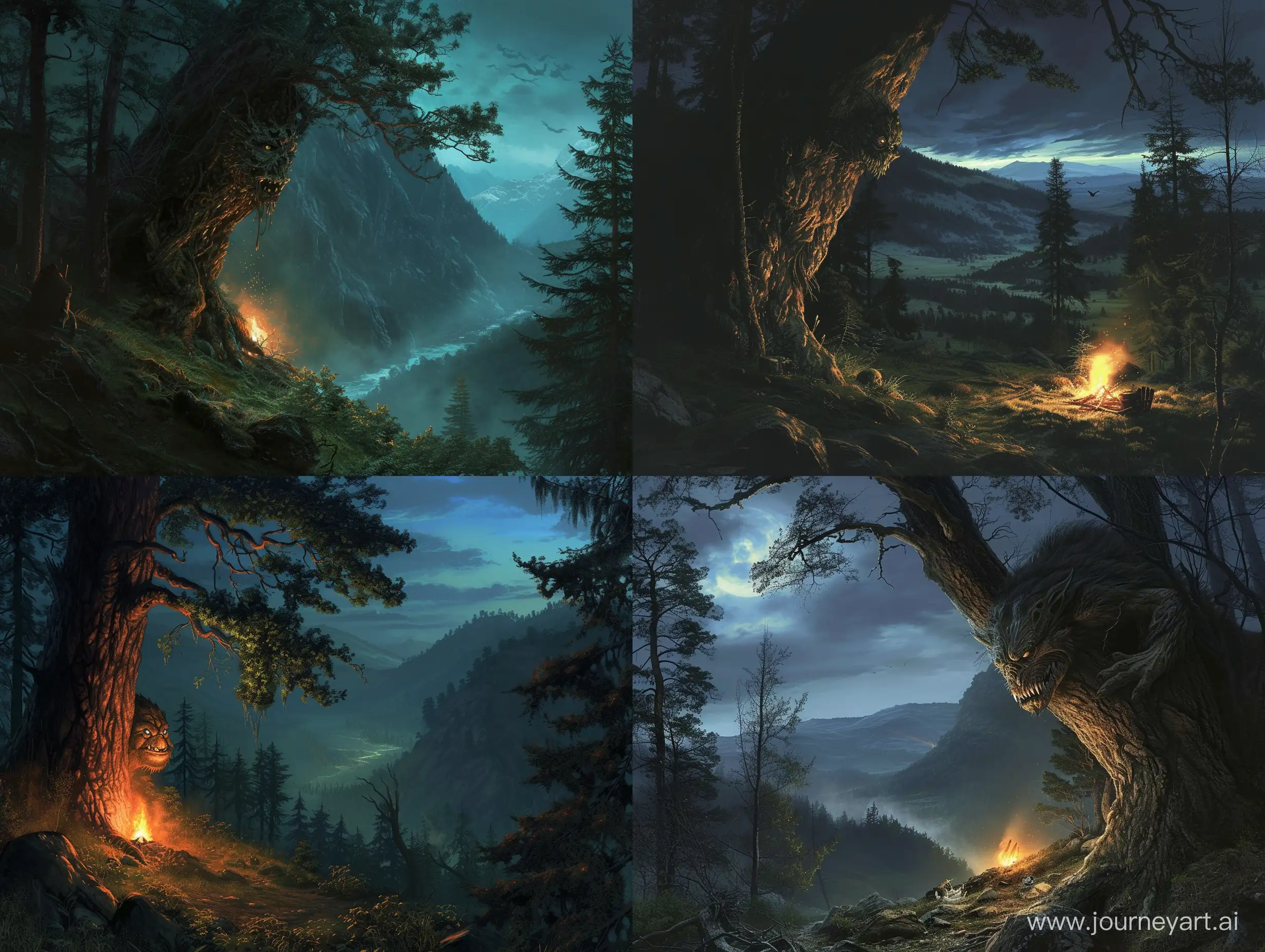 реализм, страшный монстр смотрит из-за дерева в лесу ночью в свете костра, зловещая долина

