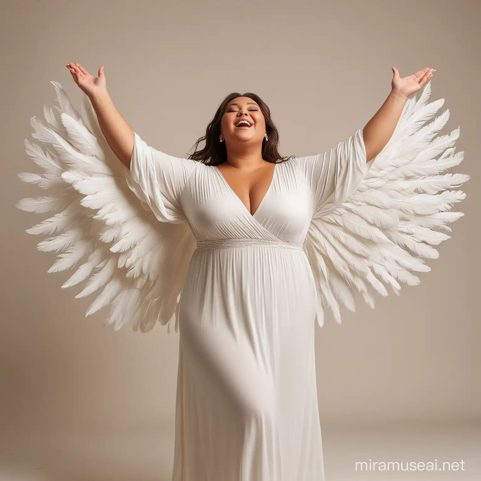 Plus size woman, arms extended, feather long dress