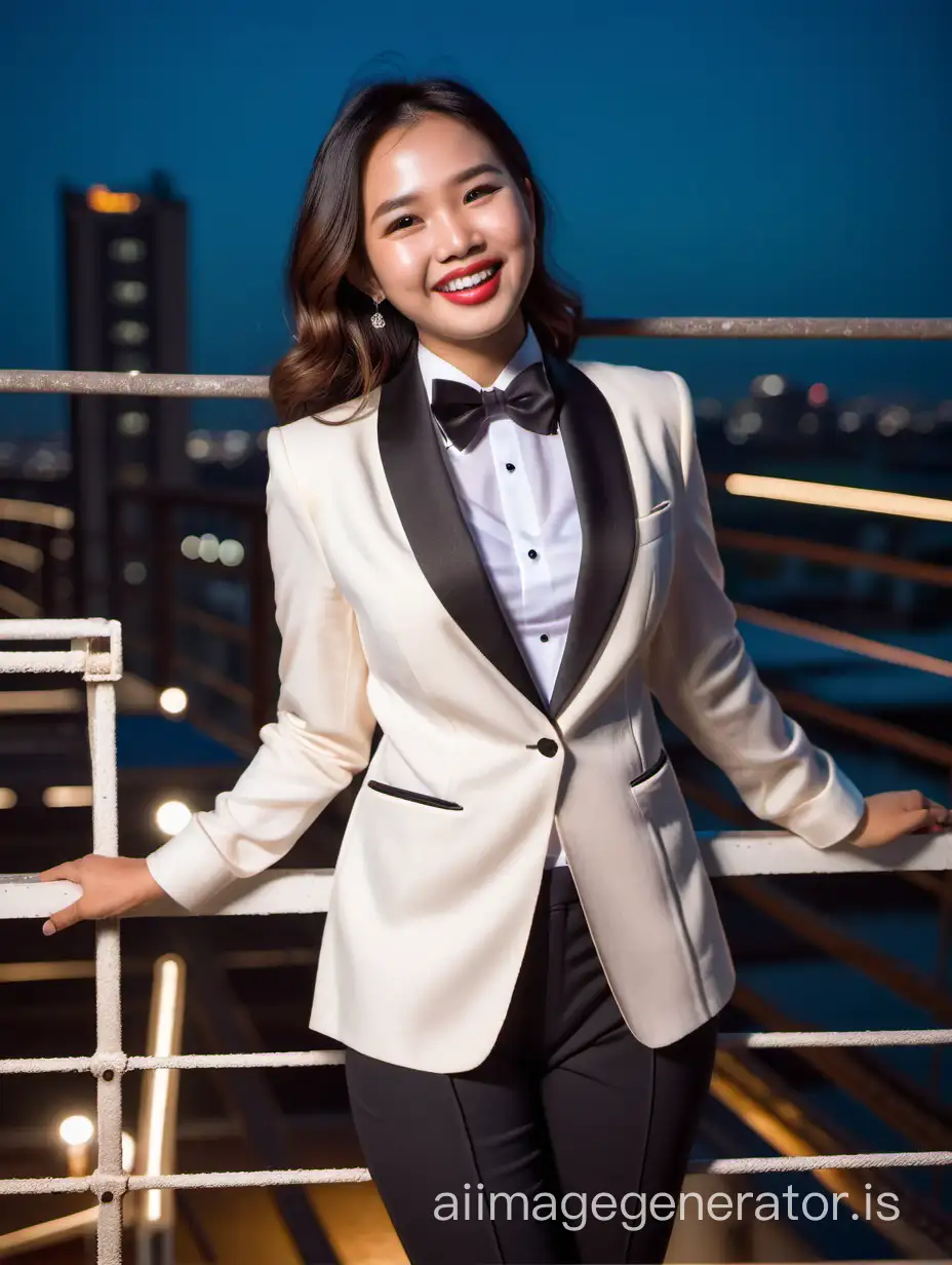 Stylish-Indonesian-Woman-in-Ivory-Tuxedo-Laughing-on-Scaffold-at-Night