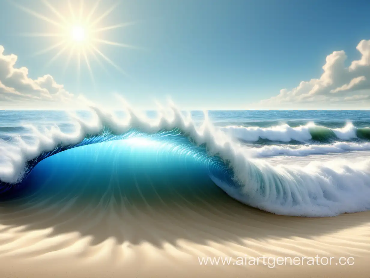 create a horizontal image. Sunny day, blue sky, seashore. Might blue wave approaching to hit the beach. Sandy, clean beach. Make wave bigger, higher, maybe add curls. show more of the beach and ocean, reduce the sky view, make less cloudy. add some texture to the beach. Make that wave move roll over the beach. 
Add a sign to be made with seashells: 'Digital Marketing Wave'