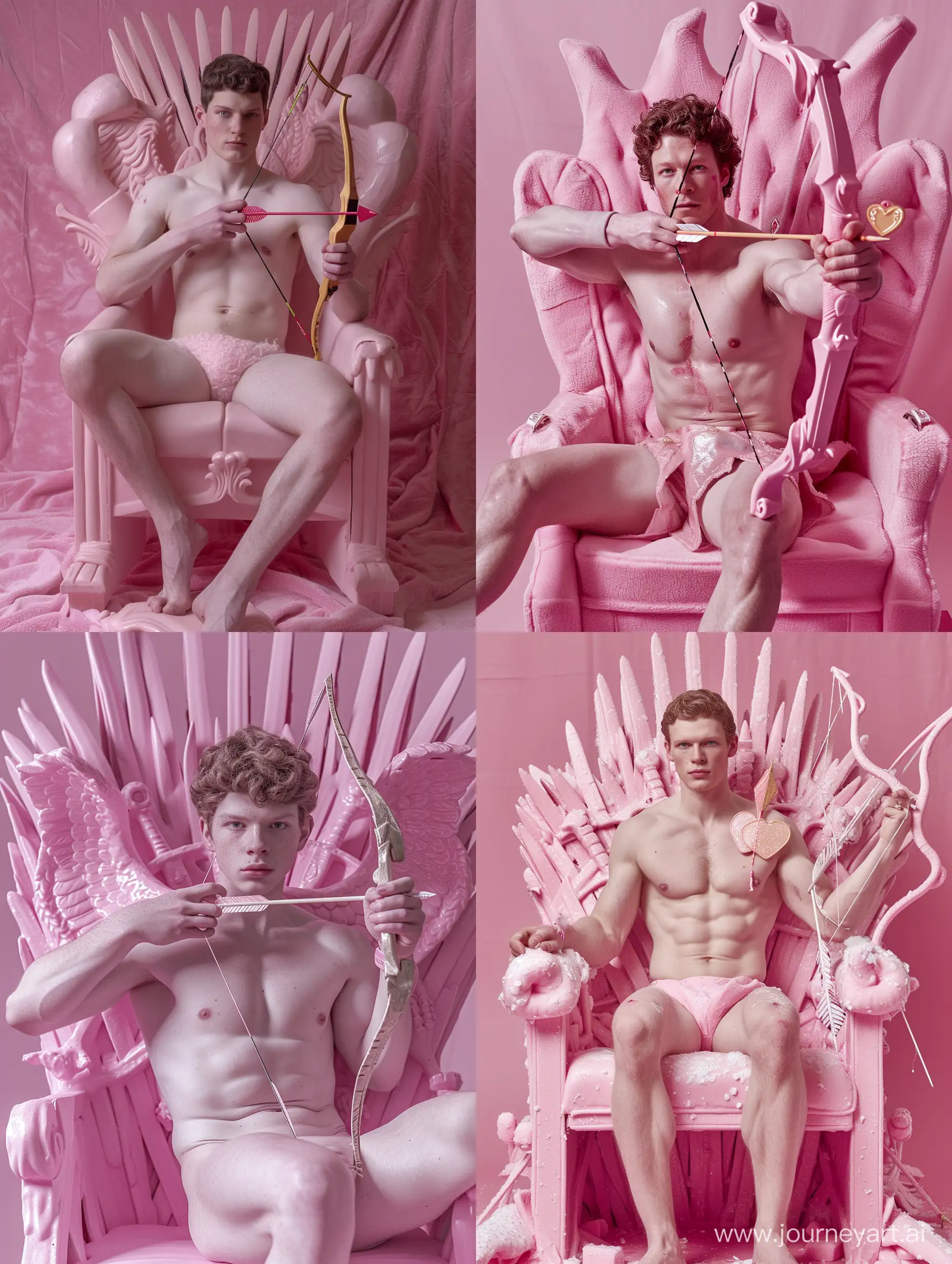 A 40-year-old cupid with a smooth face who weighs 80kg is sitting in a pink studio, in a pink throne (throne from Game of Thrones) with a toy bow in his hand and an arrow with a heart, his face is open and looks straight, photo 35mm of 200 scratches and dust chromatic aberration slow shutter