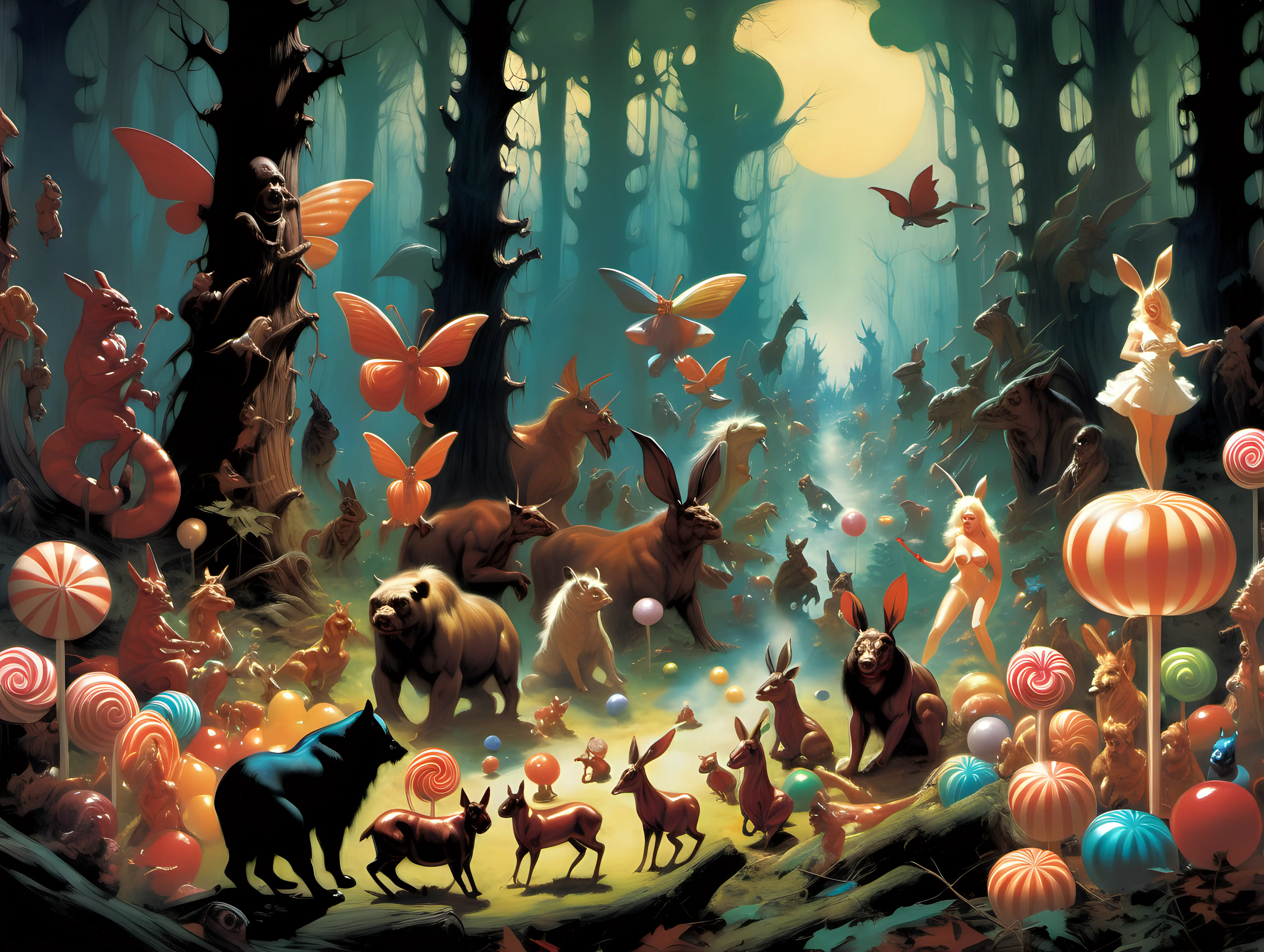 Candy story in the middle of an enchanted forest surrounded by imaginary animals Frank Frazetta style