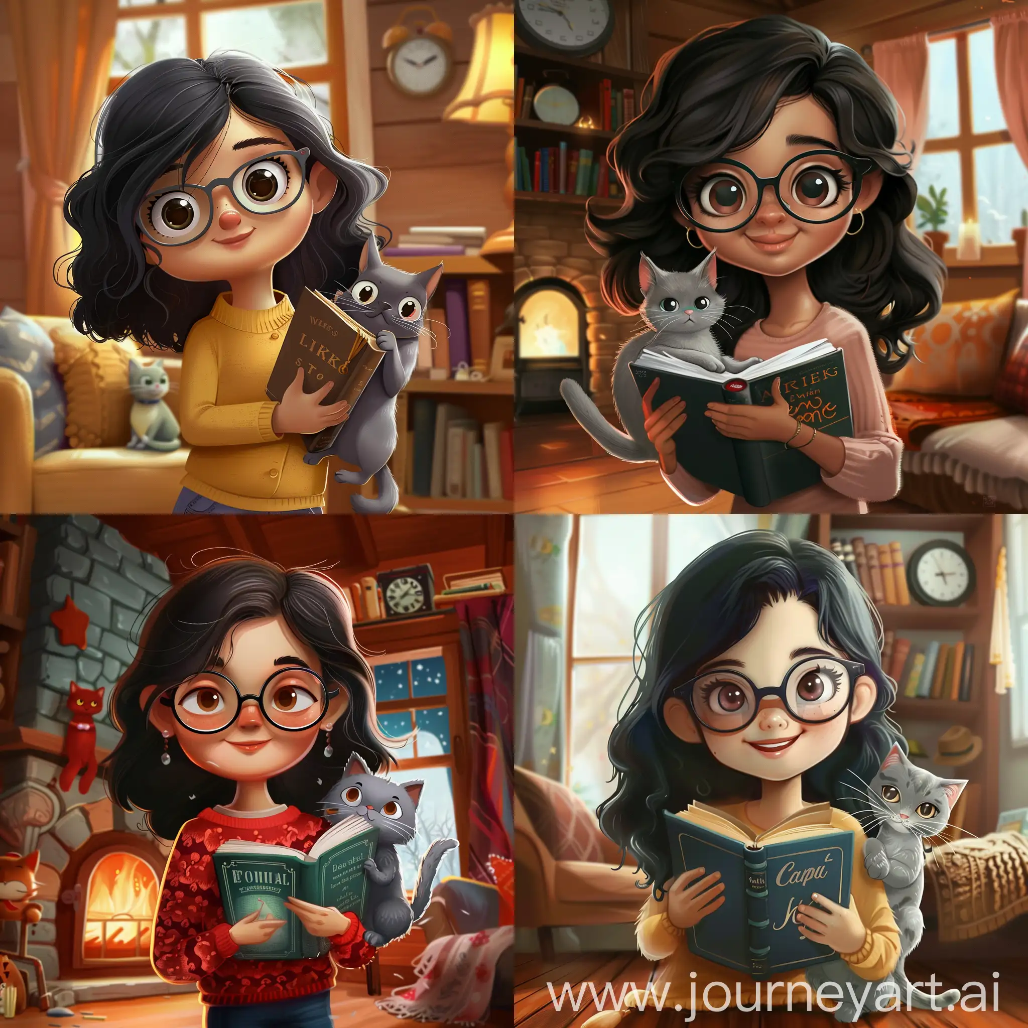 cartoon girl with dark hair and glasses with grey cat holding English book in a cozy room 