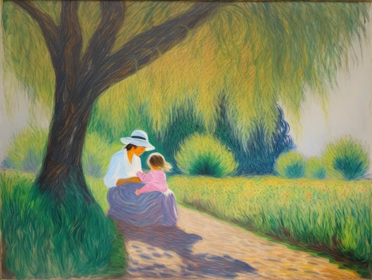 Monet Style Painting Mother and Child Relaxing under Tree