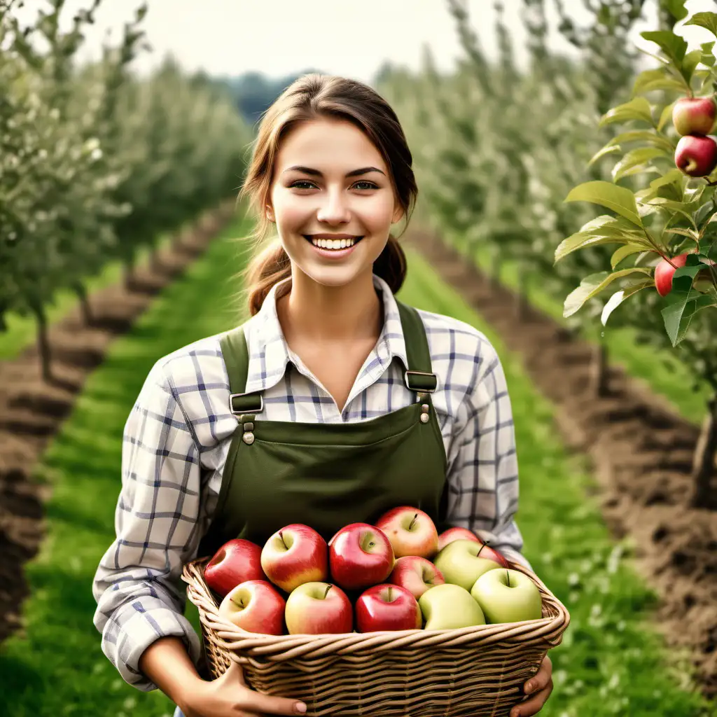 please create a picture of a young modern woman farmer, smiling, with a basket of trees and put apple trees behind her.