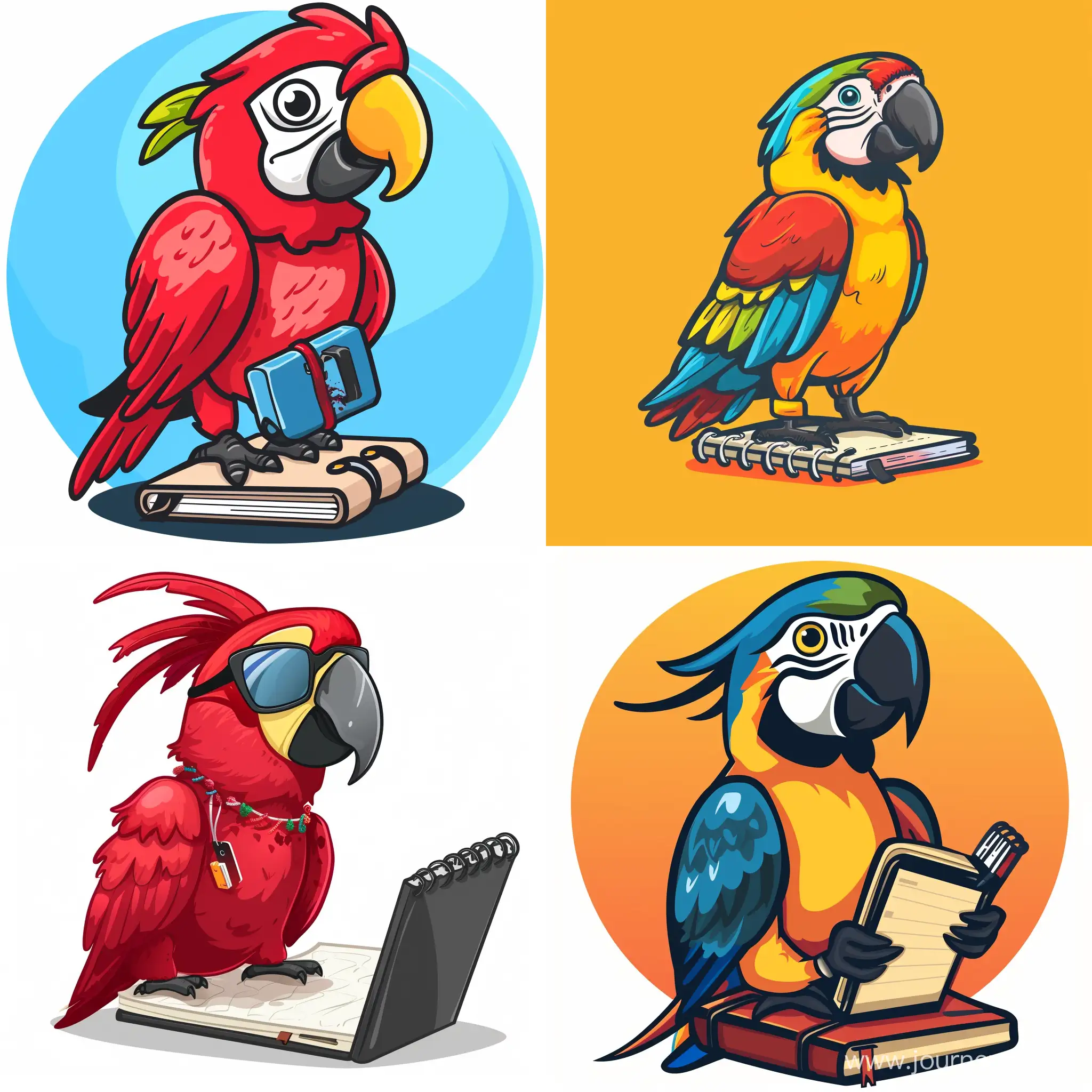 parrot, programmer, notebook, logo, cartoon style