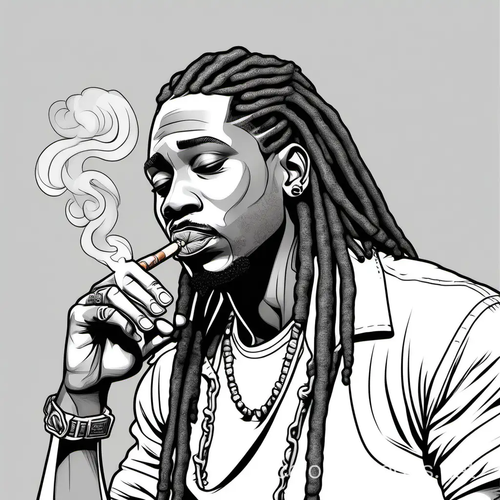 black and white black man with dreads , smoking a cigar, Coloring Page, black and white, line art, white background, Simplicity, Ample White Space. The background of the coloring page is plain white to make it easy for young children to color within the lines. The outlines of all the subjects are easy to distinguish, making it simple for kids to color without too much difficulty