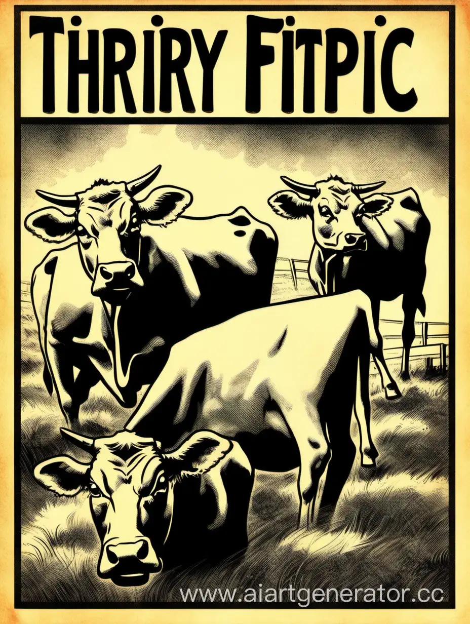 Create a lurid book cover in the style of 1950's pulp fiction covers of 3 cows. The title is called  "THRYPTIC". The price is $5.99. The blurb says "The #1 Daily Cryptic Word Puzzle In The World"